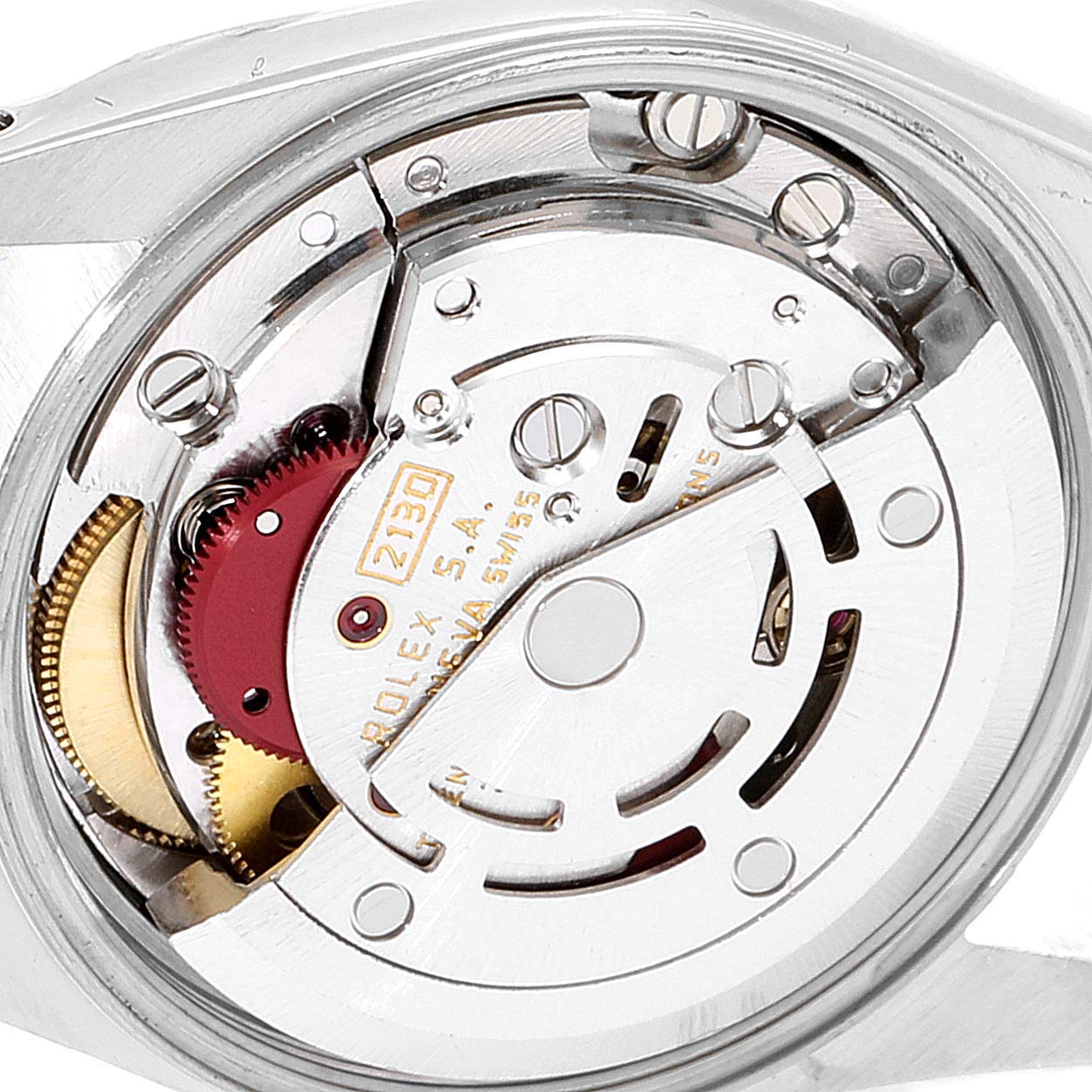 The image shows the internal movement mechanism of a Rolex Oyster Perpetual 67193 Women
s Steel and Gold (two tone) White Dial 67193 Women
s Steel and Gold (two tone) White Dial watch at an angled, close-up view.