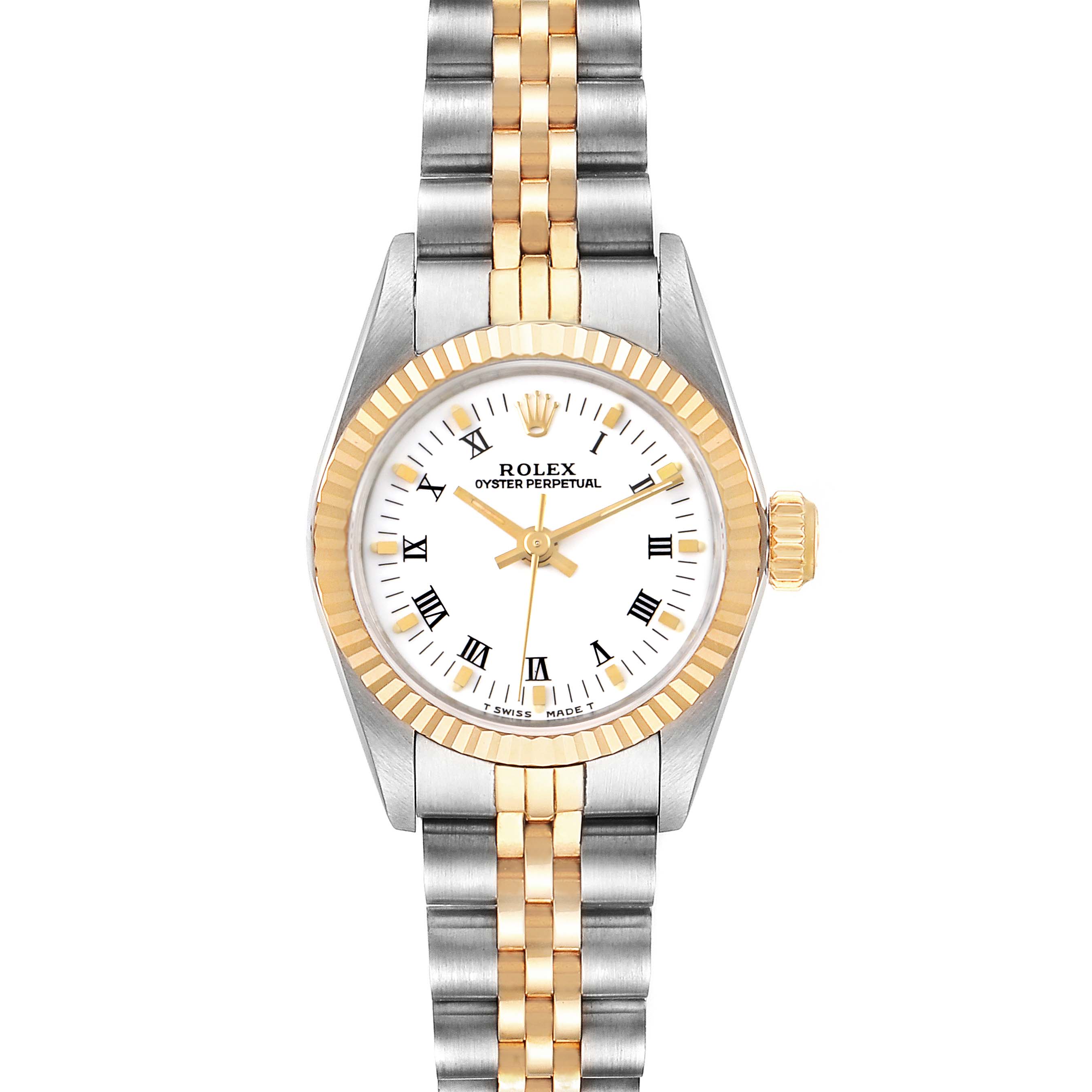The image shows a front view of a Rolex Oyster Perpetual 67193 Women
s Steel and Gold (two tone) White Dial 67193 Women
s Steel and Gold (two tone) White Dial watch, highlighting its dial, bezel, and two-tone bracelet.