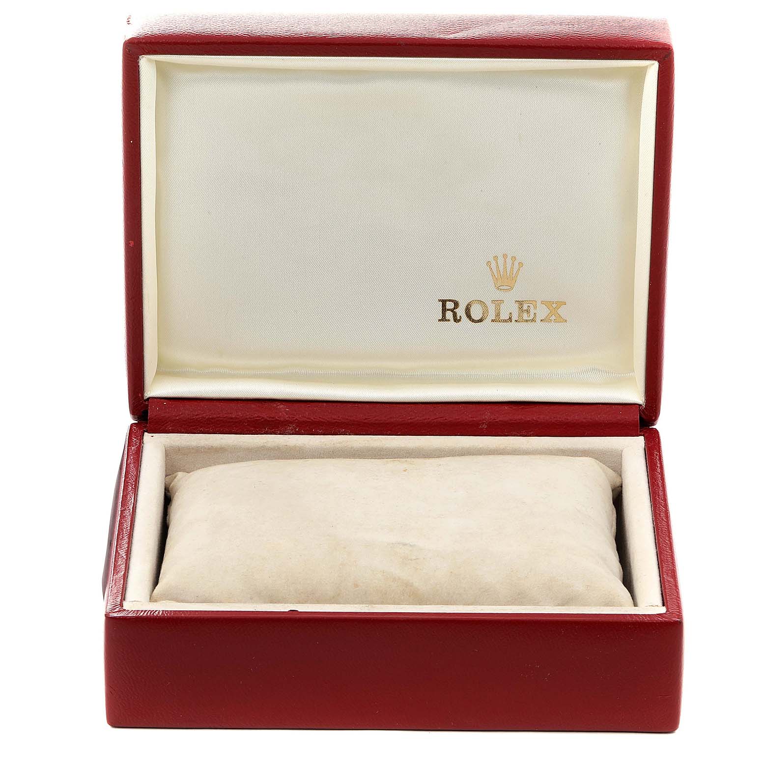 This image shows an open Rolex Oyster Perpetual 67193 Women
s Steel and Gold (two tone) White Dial 67193 Women
s Steel and Gold (two tone) White Dial watch box, featuring a red exterior and a cushioned interior.
