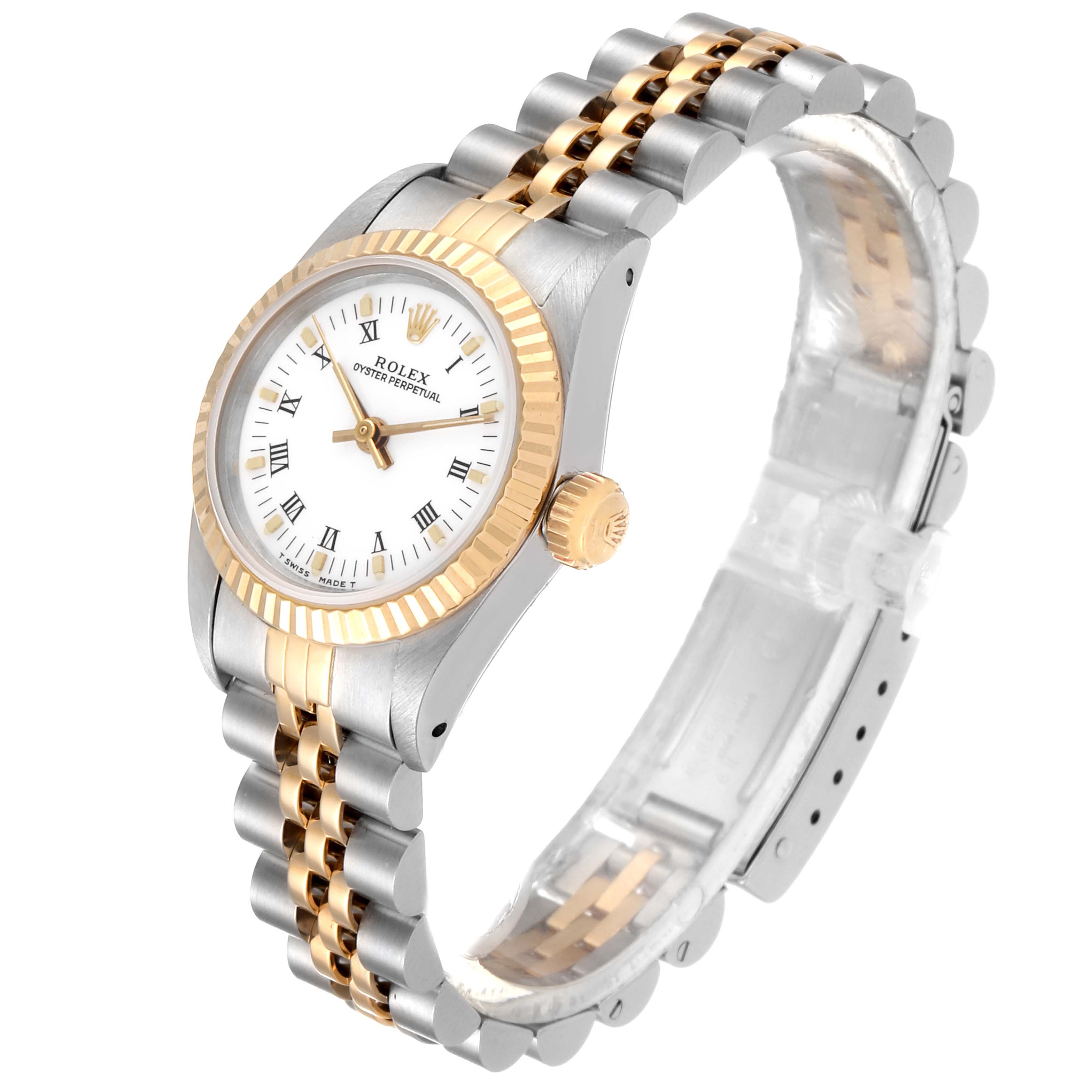 This image shows a Rolex Oyster Perpetual 67193 Women
s Steel and Gold (two tone) White Dial 67193 Women
s Steel and Gold (two tone) White Dial watch from a three-quarter angle, highlighting the face, bezel, crown, and bracelet.