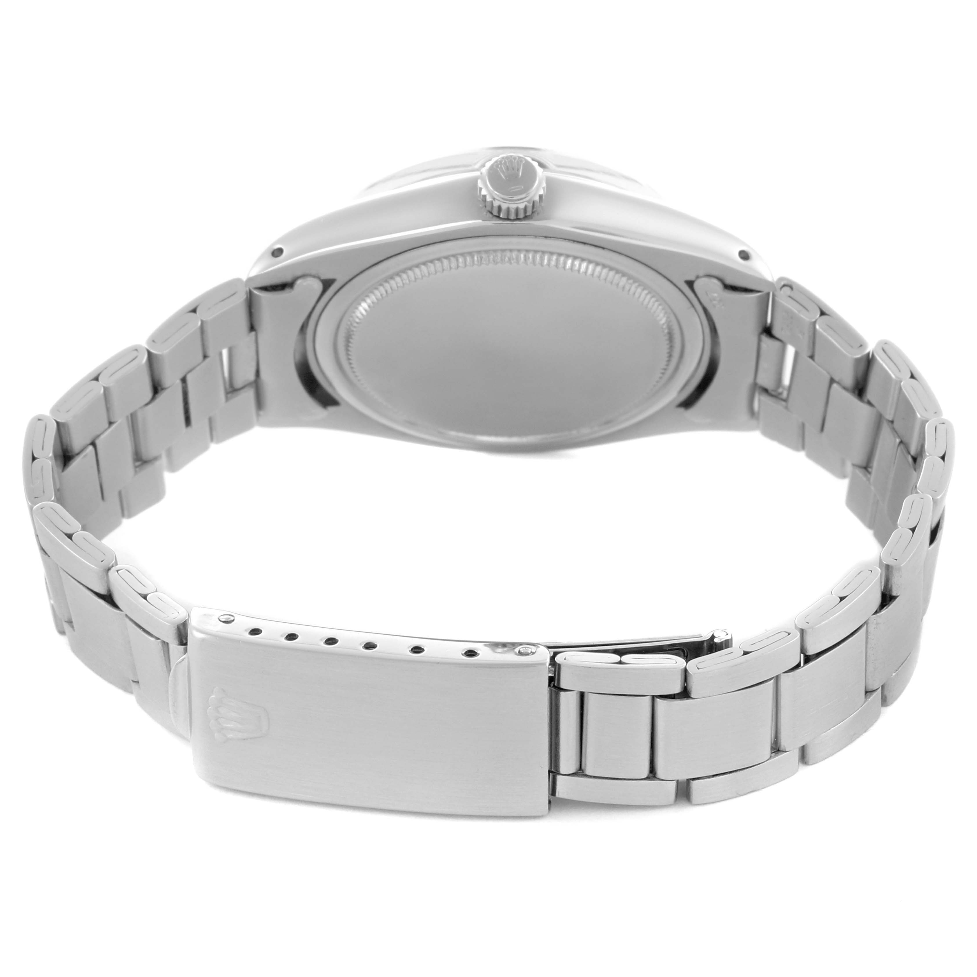 The image shows the back of a Rolex Date 6694 Men's Stainless Steel Black Dial 6694 Men's Stainless Steel Black Dial, highlighting the bracelet, clasp, and side, with the case back and crown visible.