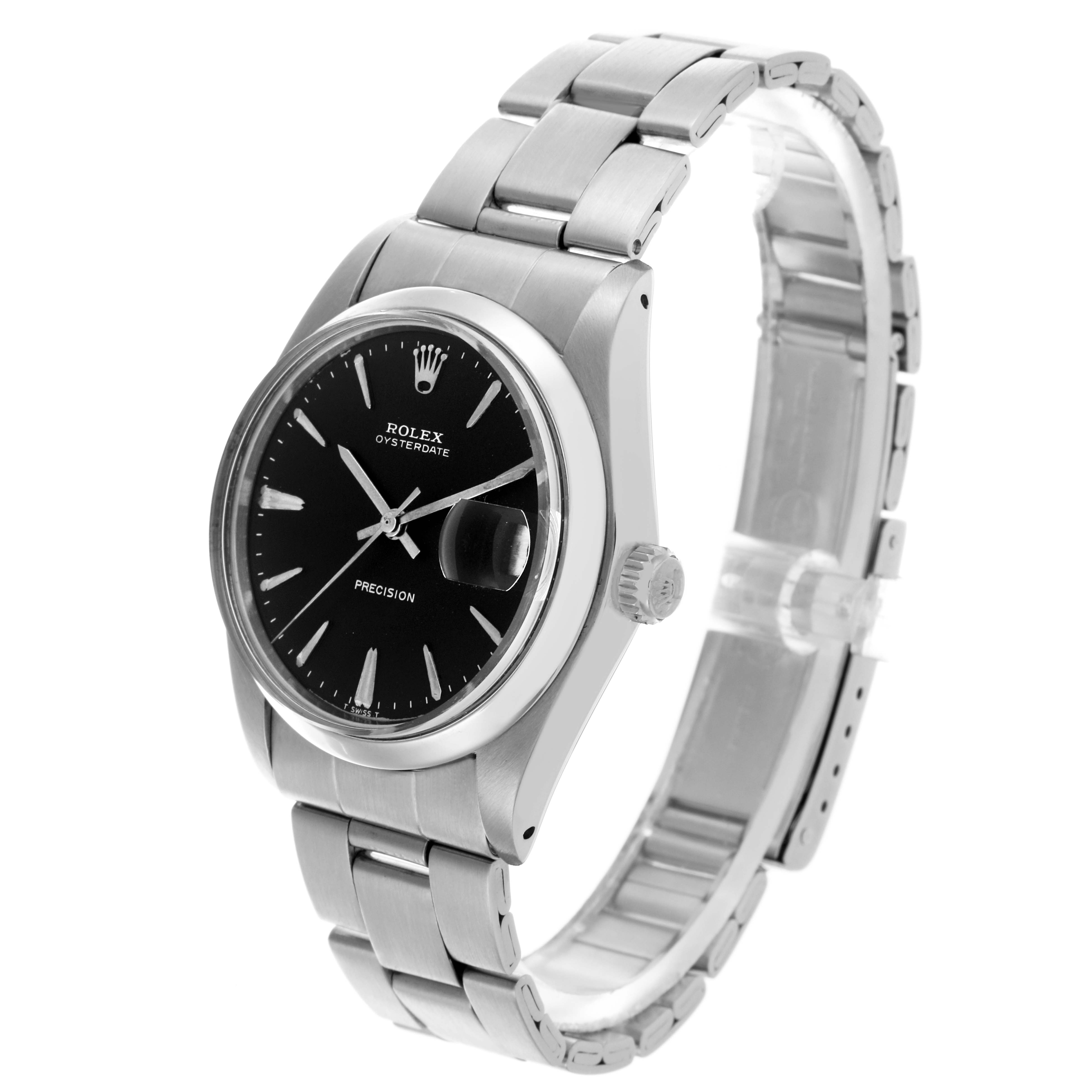 The Rolex Date 6694 Men's Stainless Steel Black Dial 6694 Men's Stainless Steel Black Dial watch is shown at a three-quarter angle, displaying the face, bracelet, and crown.