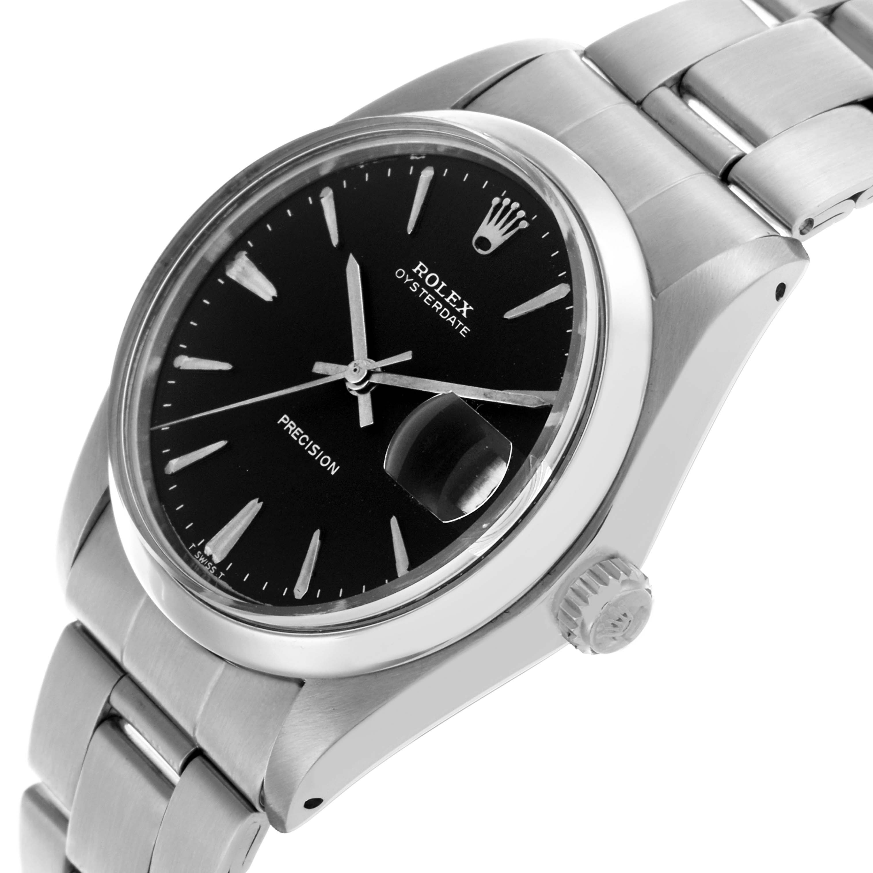 The Rolex Date 6694 Men's Stainless Steel Black Dial 6694 Men's Stainless Steel Black Dial model watch is shown at an angled side view, highlighting its dial, bracelet, and crown.