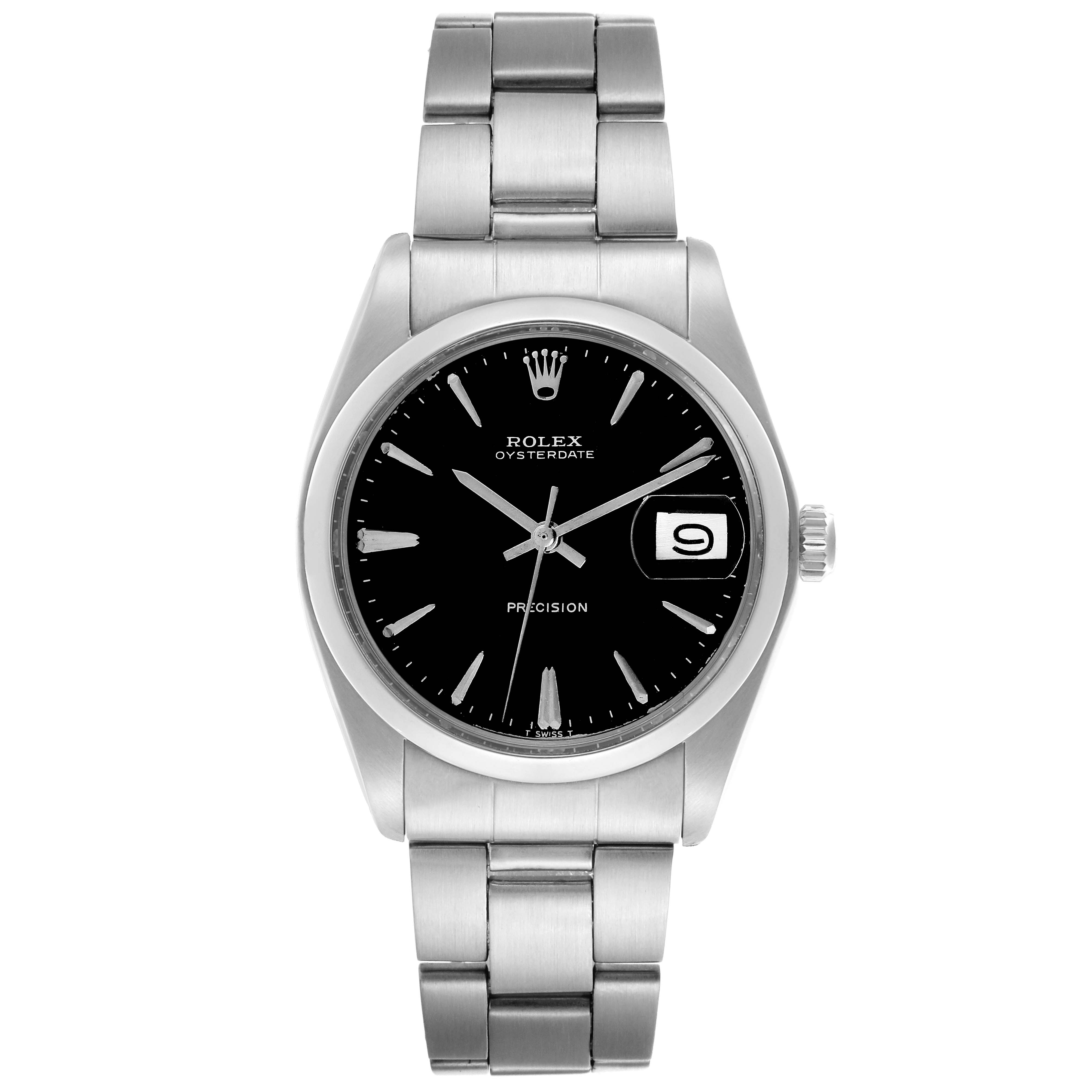 The image shows a front view of a Rolex Date 6694 Men's Stainless Steel Black Dial 6694 Men's Stainless Steel Black Dial model watch, highlighting its black dial, date window, and stainless steel bracelet.