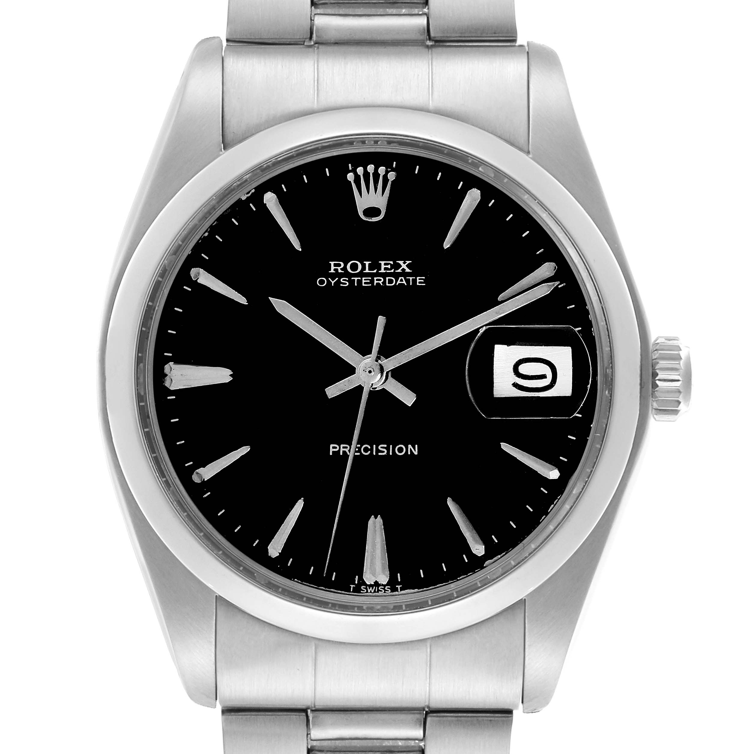 The image shows a frontal view of a Rolex Date 6694 Men's Stainless Steel Black Dial 6694 Men's Stainless Steel Black Dial model watch, highlighting the dial, hands, bezel, and part of the bracelet.