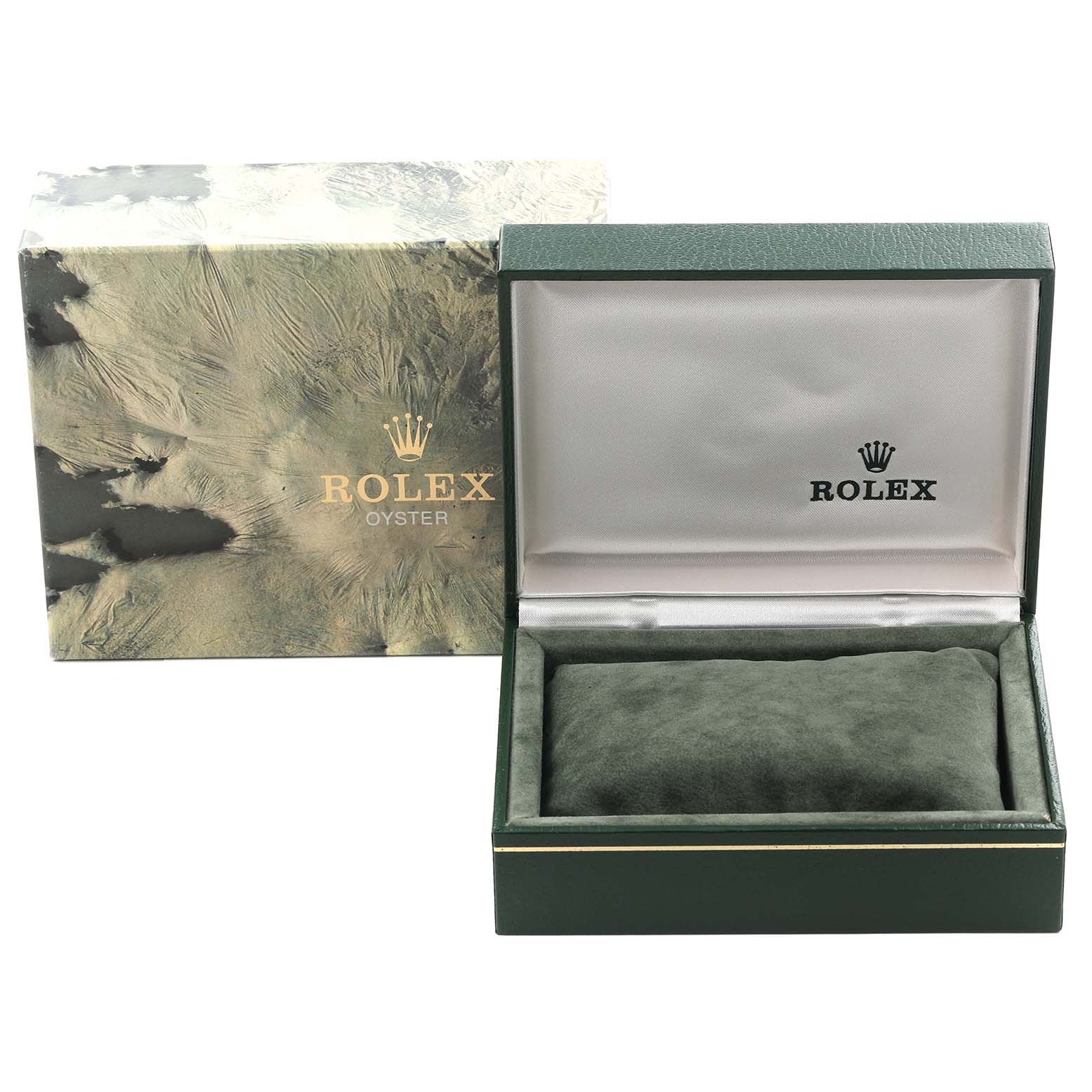 The image shows an open Rolex watch box with branding for the Date model, positioned at a front angle.