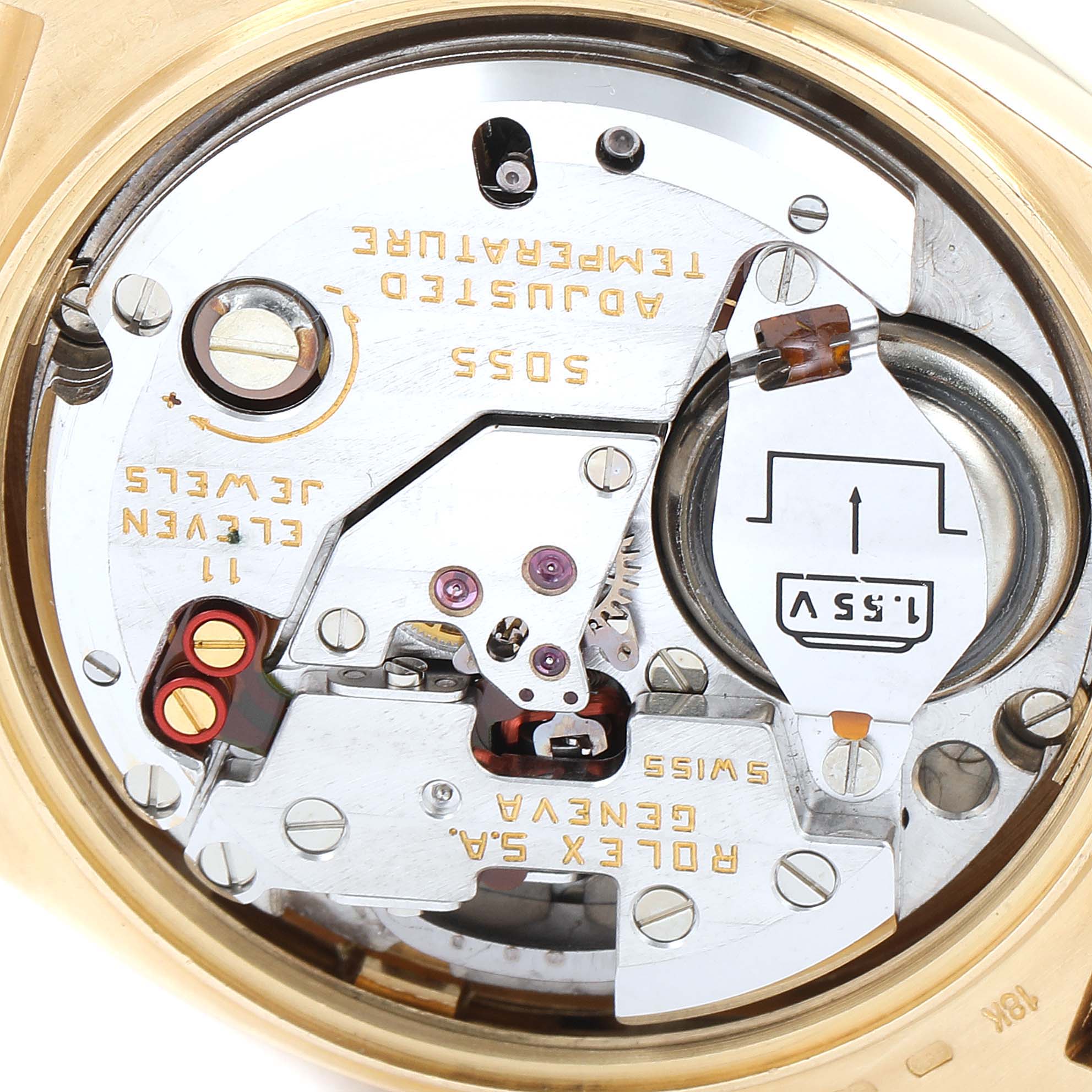 This image shows the intricate inner workings and movement components of a Rolex Oysterquartz 19018 Men's Yellow Gold Champagne Dial 19018 Men's Yellow Gold Champagne Dial watch model.