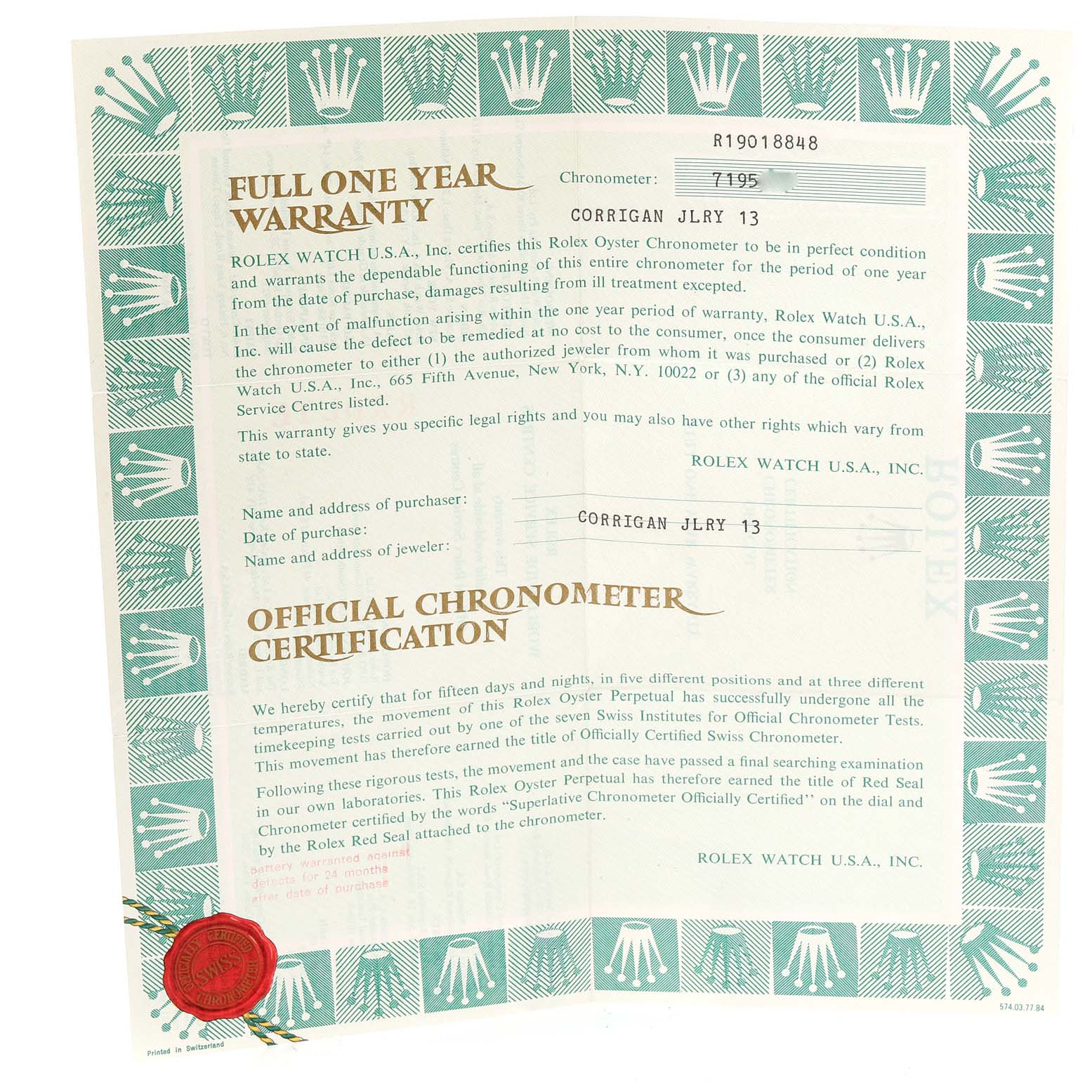 The image shows a full one-year warranty and official chronometer certification paper for a Rolex Oysterquartz 19018 Men's Yellow Gold Champagne Dial 19018 Men's Yellow Gold Champagne Dial model.