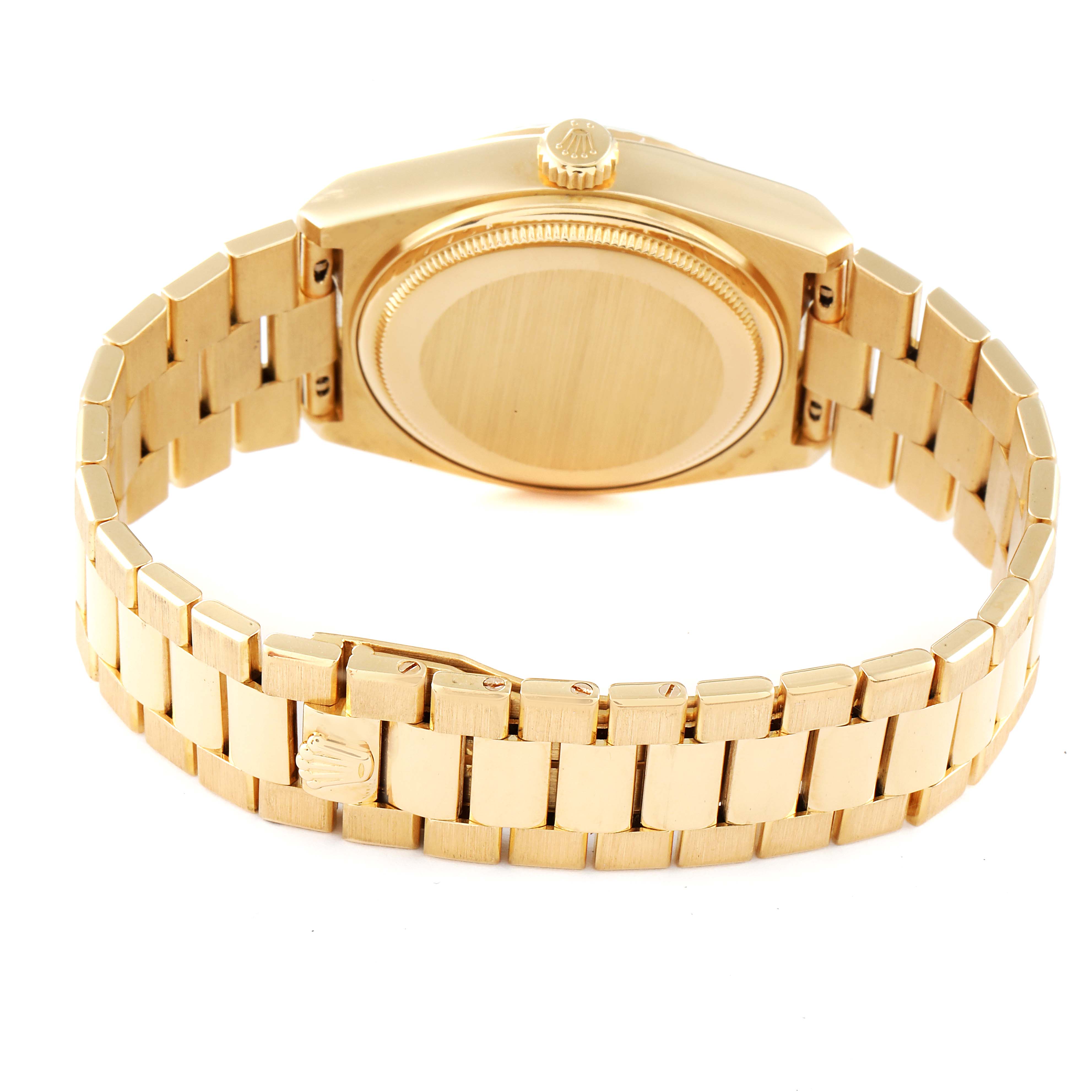 This image shows the bracelet and case back of a Rolex Oysterquartz 19018 Men's Yellow Gold Champagne Dial 19018 Men's Yellow Gold Champagne Dial watch from a rear angle.