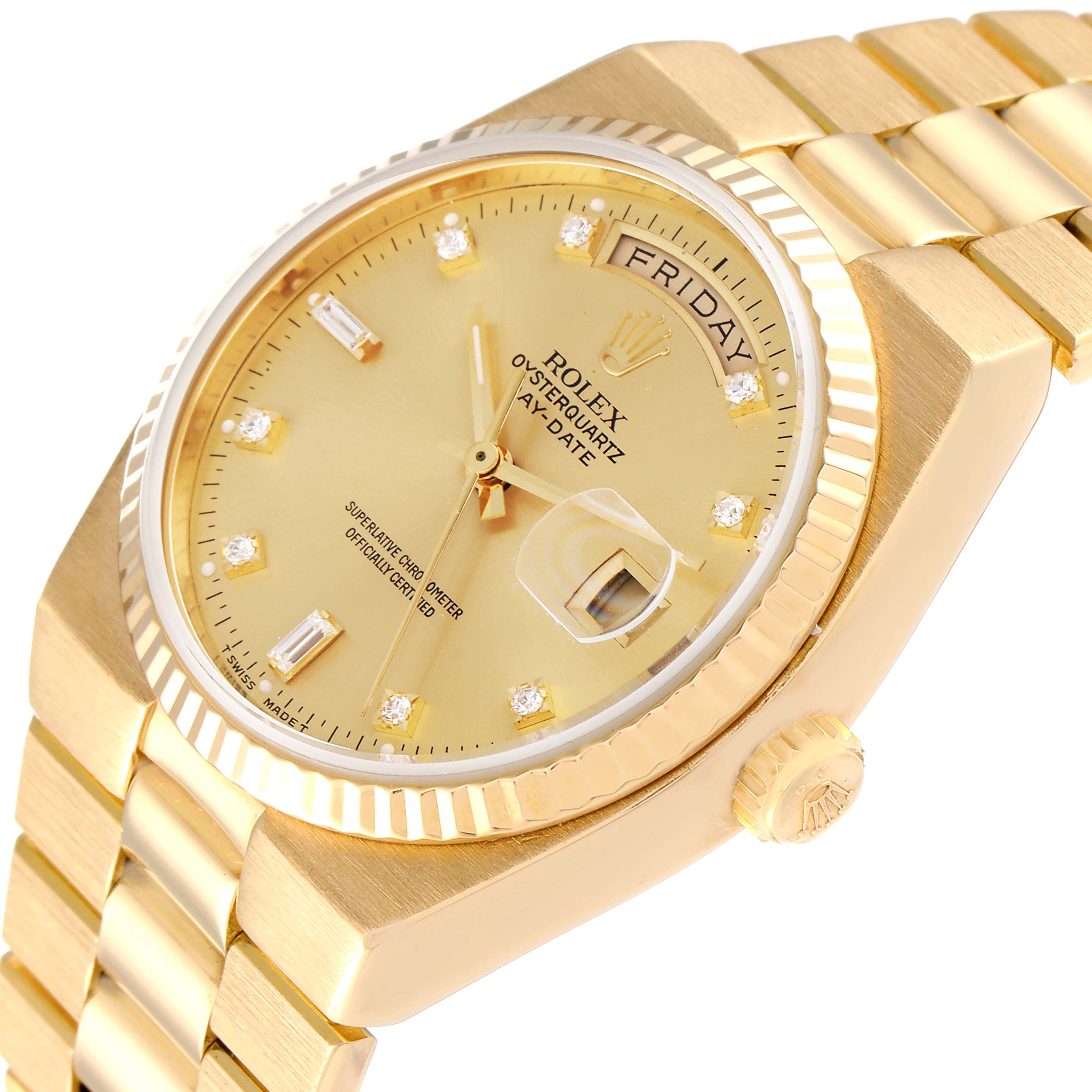The image shows a close-up of the Rolex Oysterquartz 19018 Men's Yellow Gold Champagne Dial 19018 Men's Yellow Gold Champagne Dial Day-Date watch at a slight angle, highlighting the dial, bezel, crown, and bracelet.