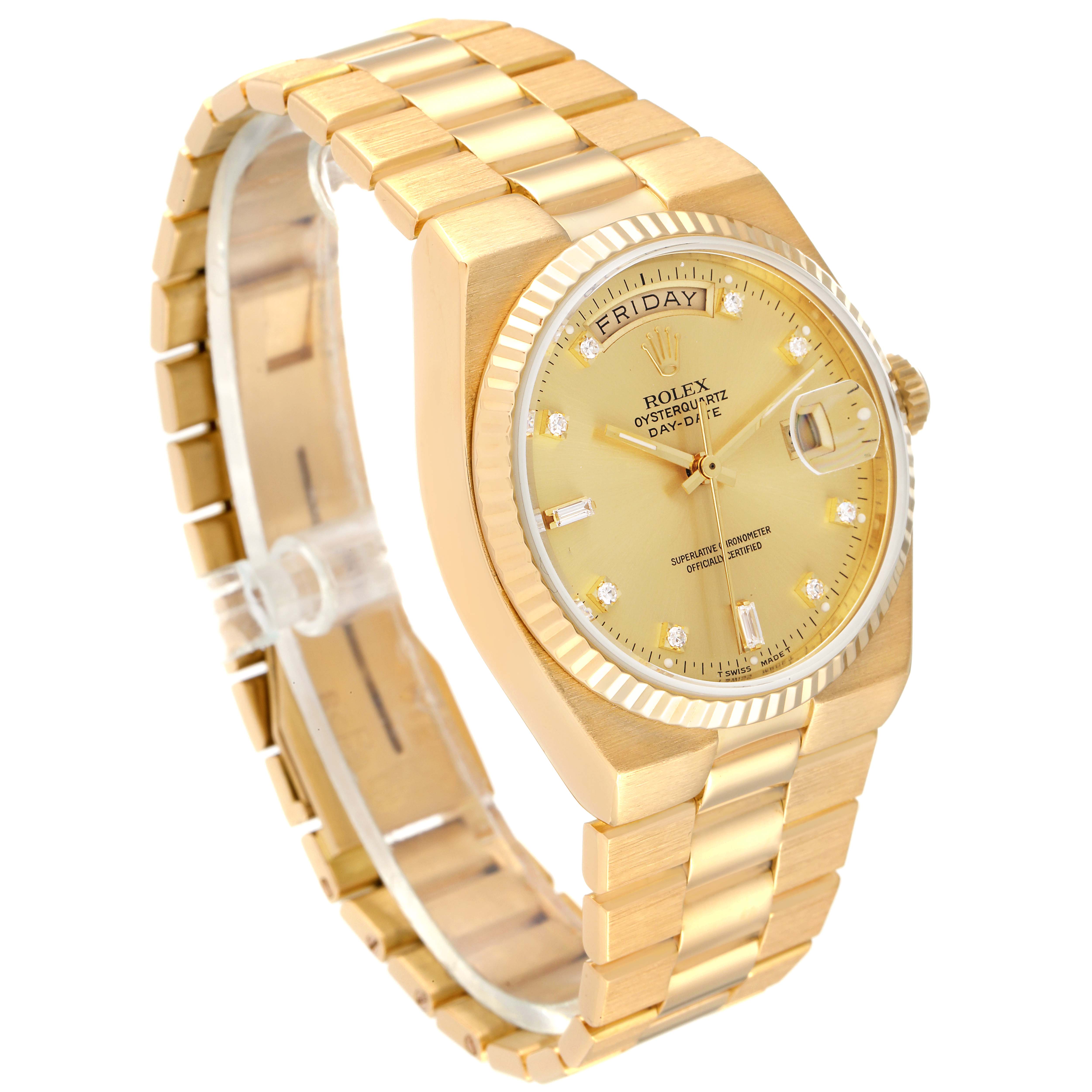 The Rolex Oysterquartz 19018 Men's Yellow Gold Champagne Dial 19018 Men's Yellow Gold Champagne Dial watch is shown at a three-quarter angle displaying the gold bracelet, bezel, dial, and day-date features.