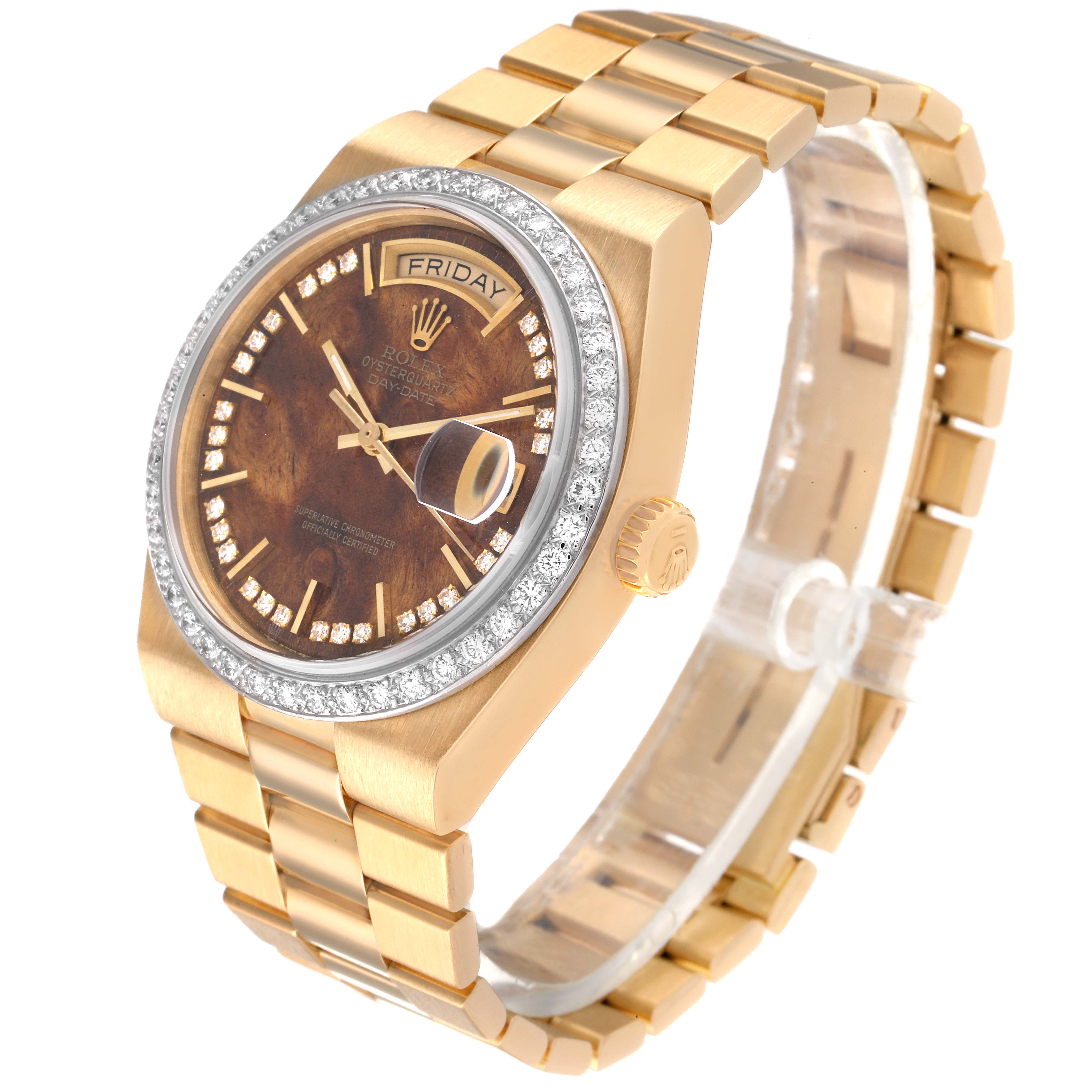 This Rolex Oysterquartz watch is shown from an oblique angle, featuring the dial, bezel, crown, and bracelet.