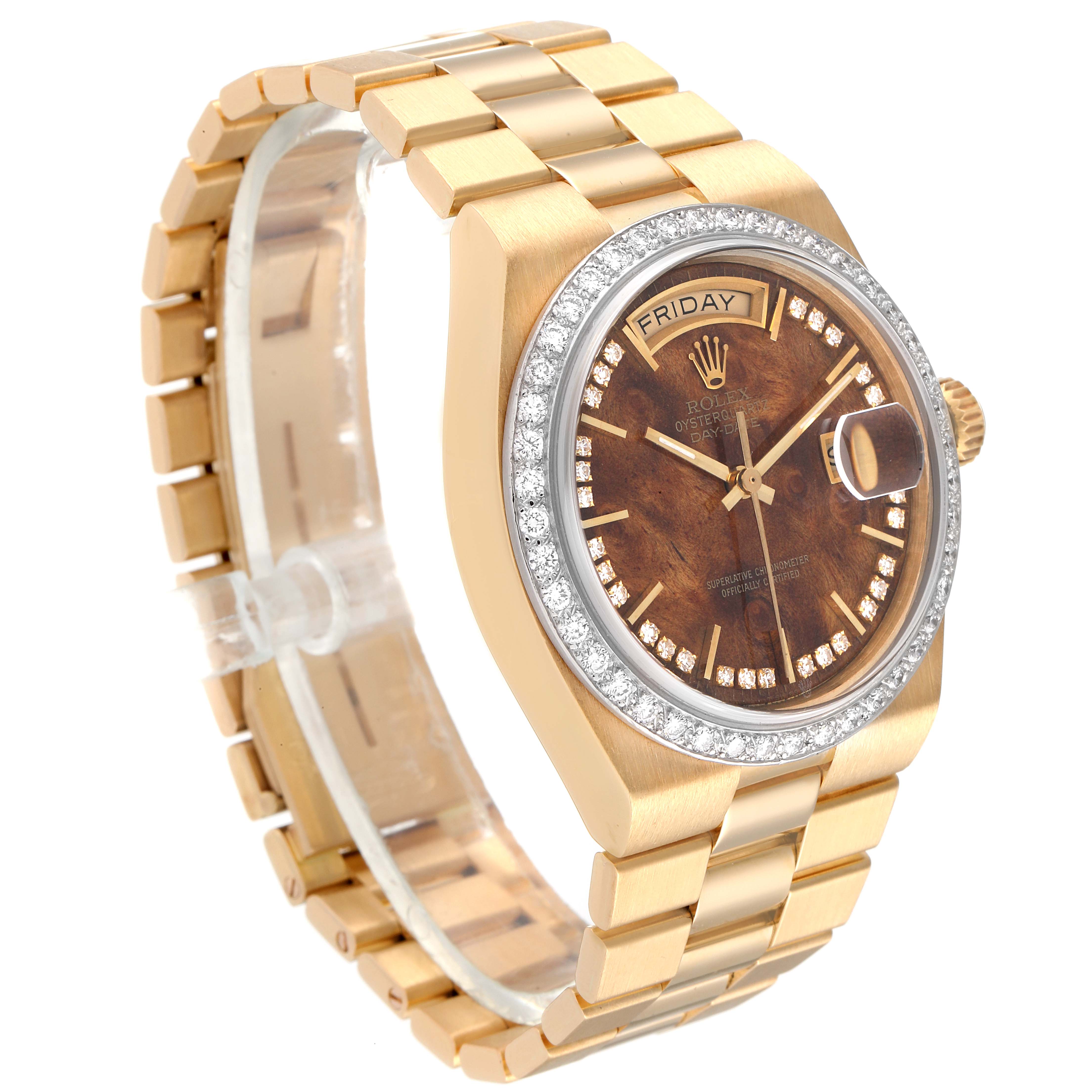 The image shows a Rolex Oysterquartz watch from a front-left angle, highlighting its dial, bezel, bracelet, and crown.