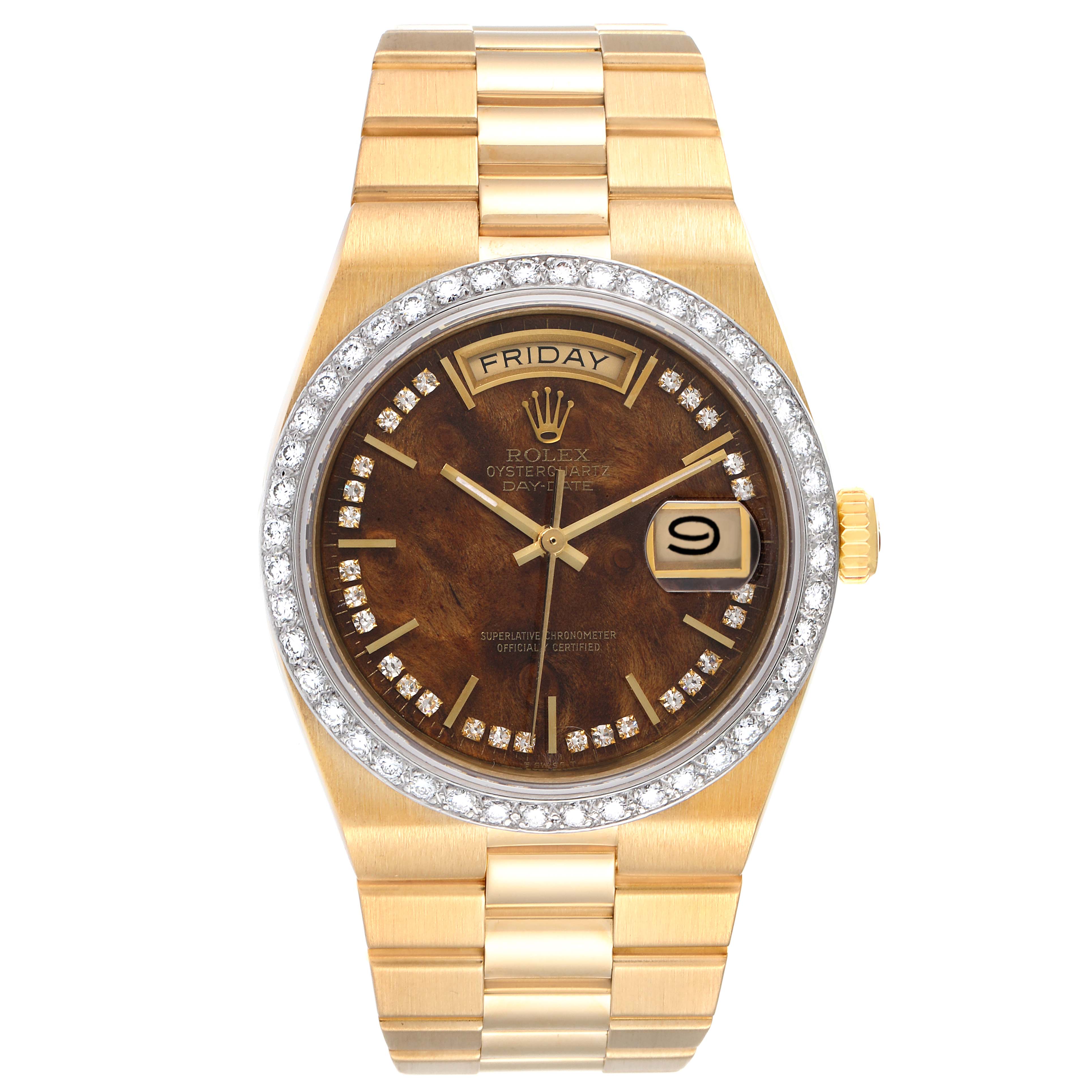 This image shows a frontal view of the Rolex Oysterquartz watch, highlighting the dial, bezel, day-date display, and bracelet.