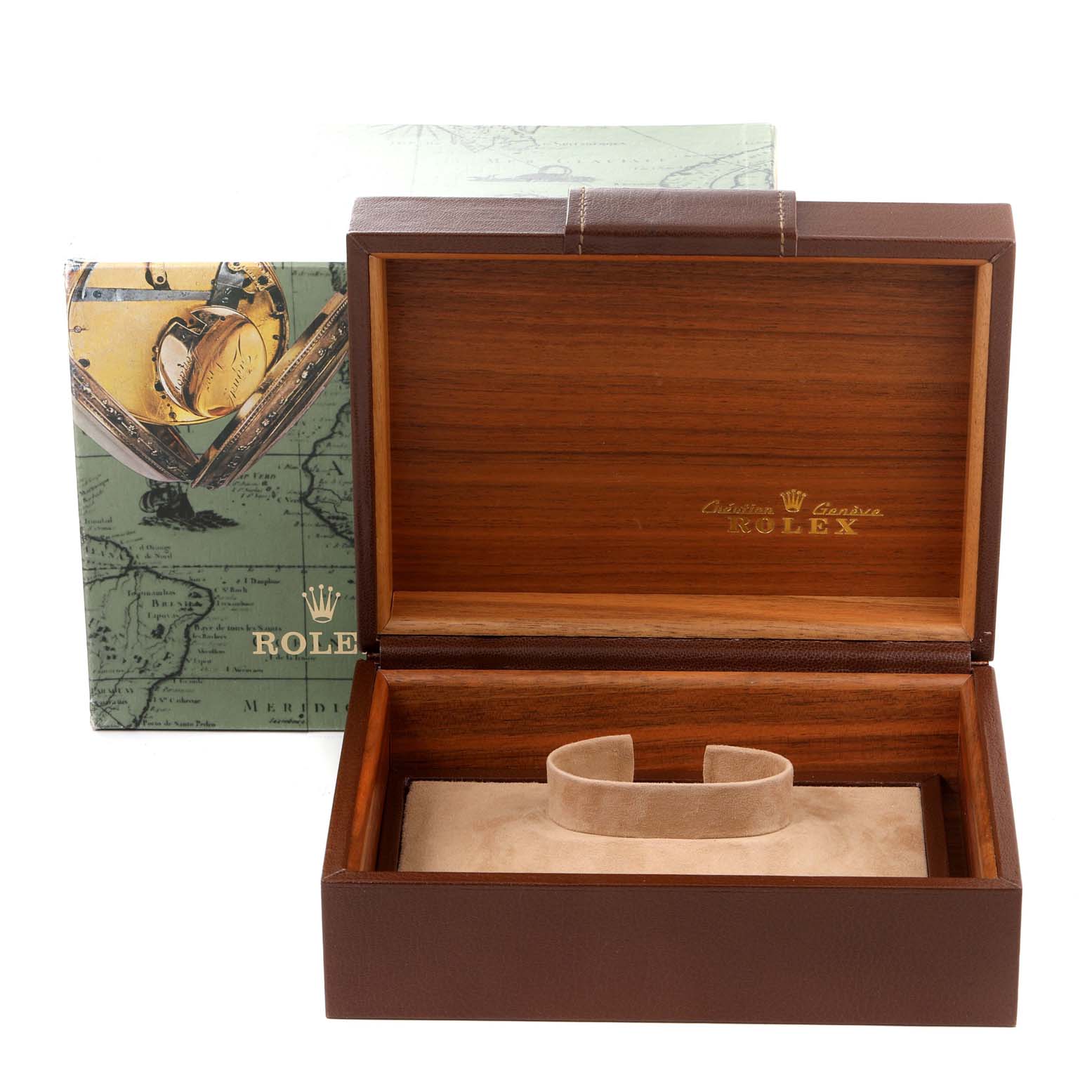 The image shows an open Rolex Oysterquartz watch box, revealing the inner cushion but no watch.
