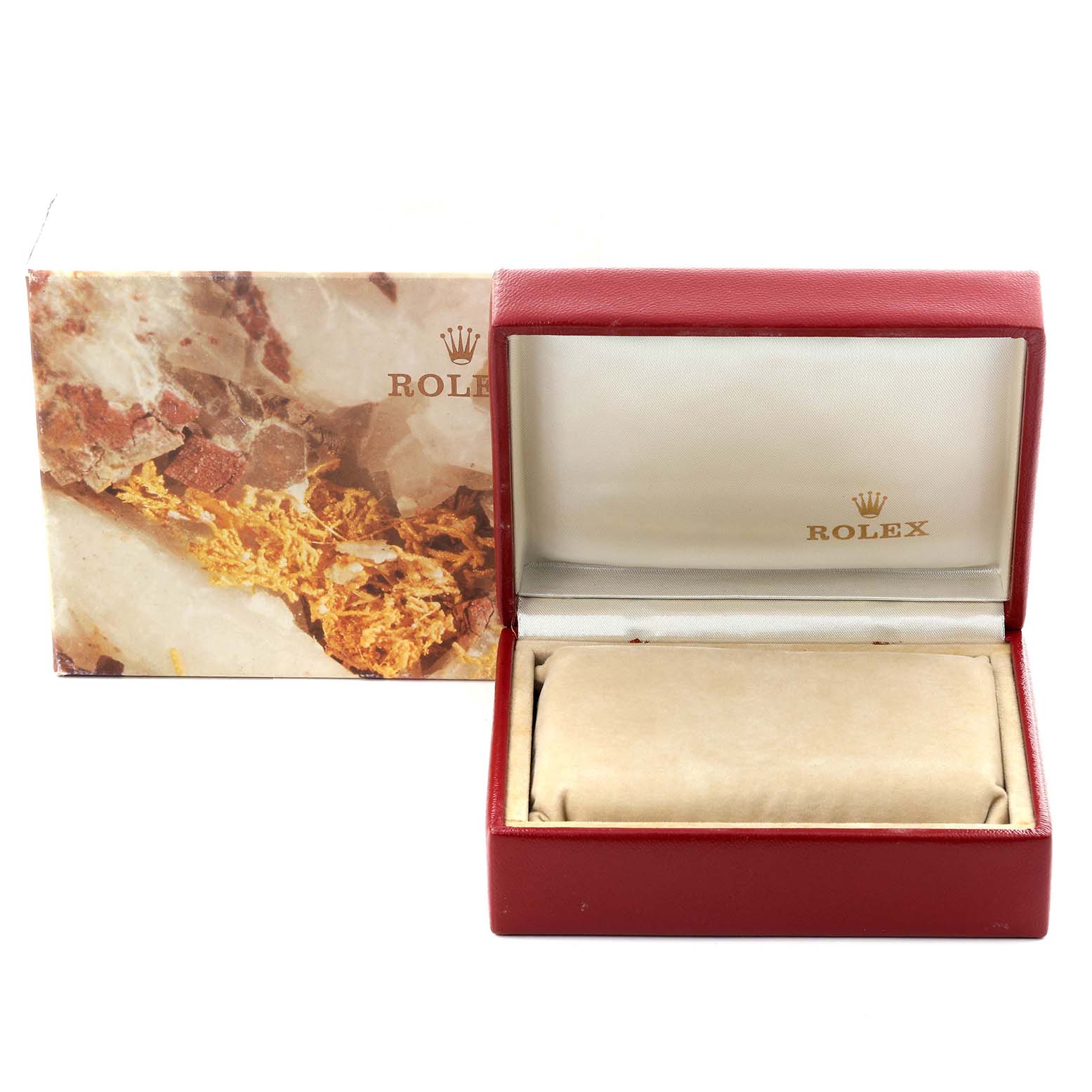 The image shows an open Rolex President 69288 Women's Yellow Gold Champagne Dial 69288 Women's Yellow Gold Champagne Dial model watch box with a cushion inside, alongside an outer decorative box.