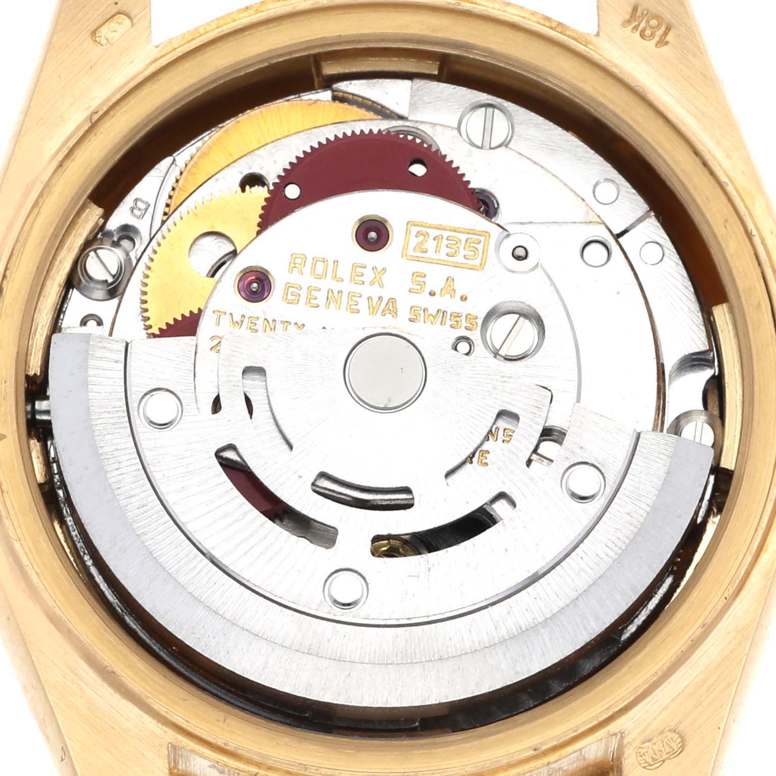 The image shows the inner movement of a Rolex President 69288 Women's Yellow Gold Champagne Dial 69288 Women's Yellow Gold Champagne Dial watch from a top-down angle, highlighting the mechanical components.