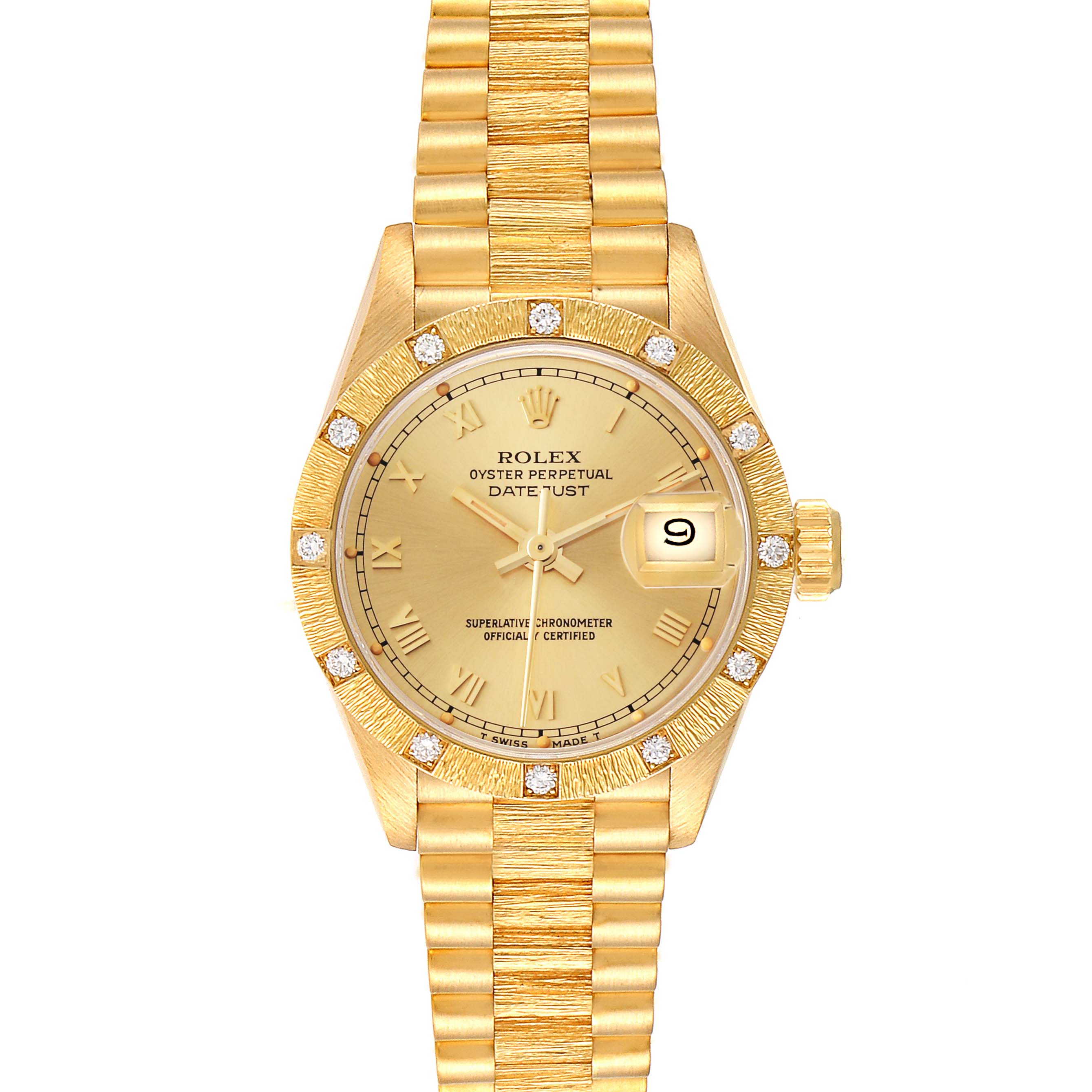 The Rolex President 69288 Women's Yellow Gold Champagne Dial 69288 Women's Yellow Gold Champagne Dial model watch is shown from a top view, highlighting its gold bracelet, dial, and diamond-accented bezel.