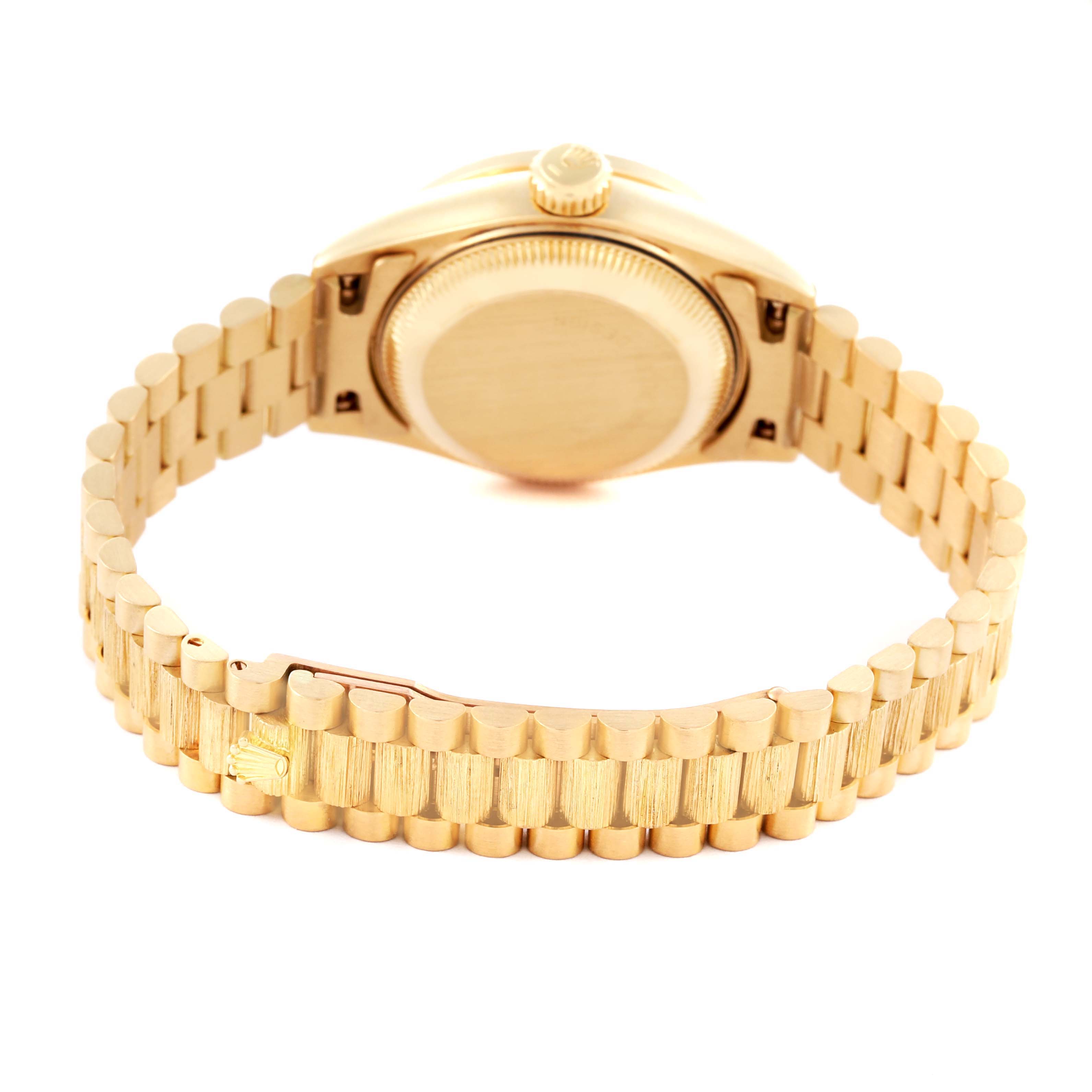 The image shows the back and bracelet of a Rolex President 69288 Women's Yellow Gold Champagne Dial 69288 Women's Yellow Gold Champagne Dial model, highlighting the clasp and case back.