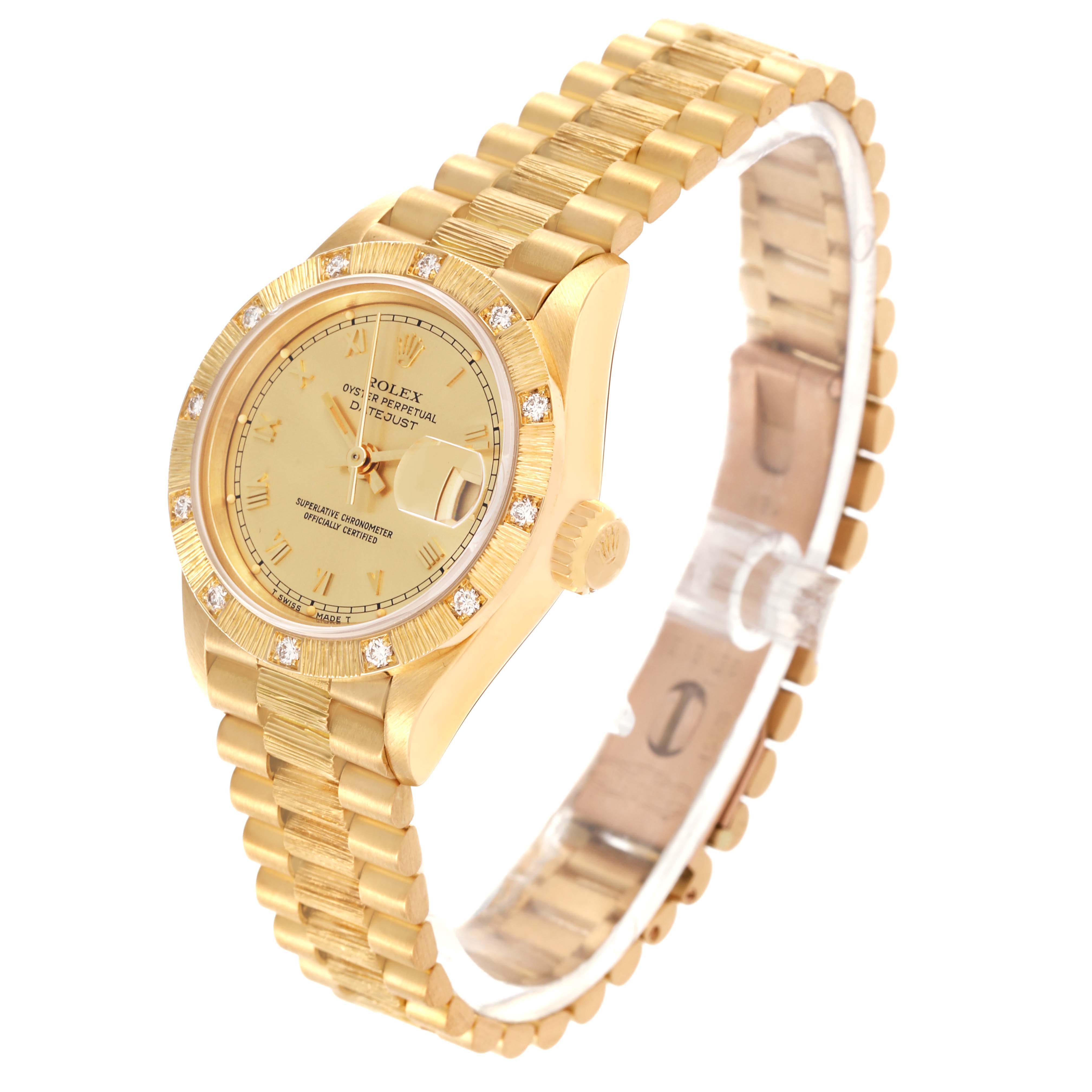 The Rolex President 69288 Women's Yellow Gold Champagne Dial 69288 Women's Yellow Gold Champagne Dial model watch is shown at an angled view, highlighting the bracelet, case, bezel, and crown.