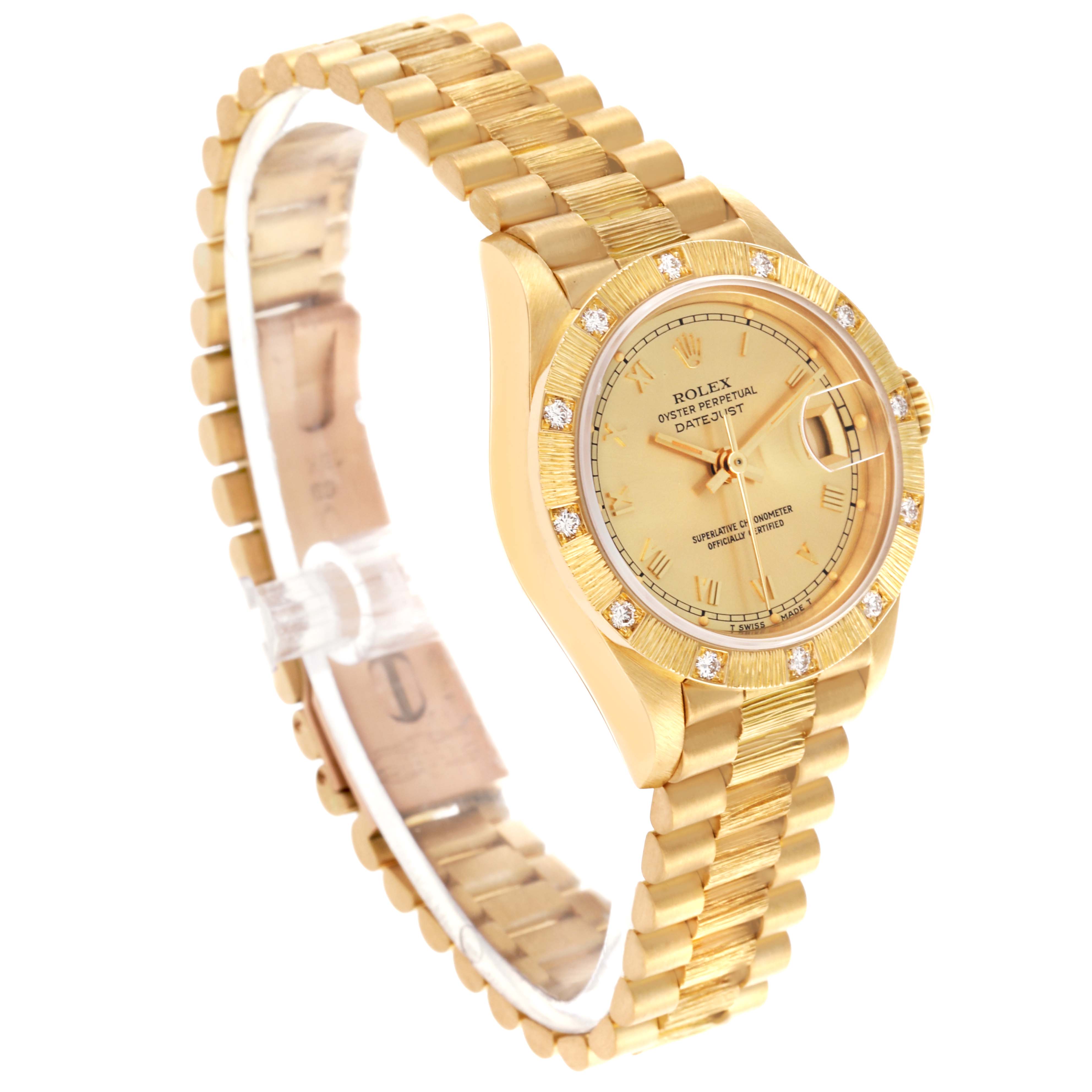 The Rolex President 69288 Women's Yellow Gold Champagne Dial 69288 Women's Yellow Gold Champagne Dial model watch is shown at a slight angle, highlighting the face, bezel, and part of the bracelet.