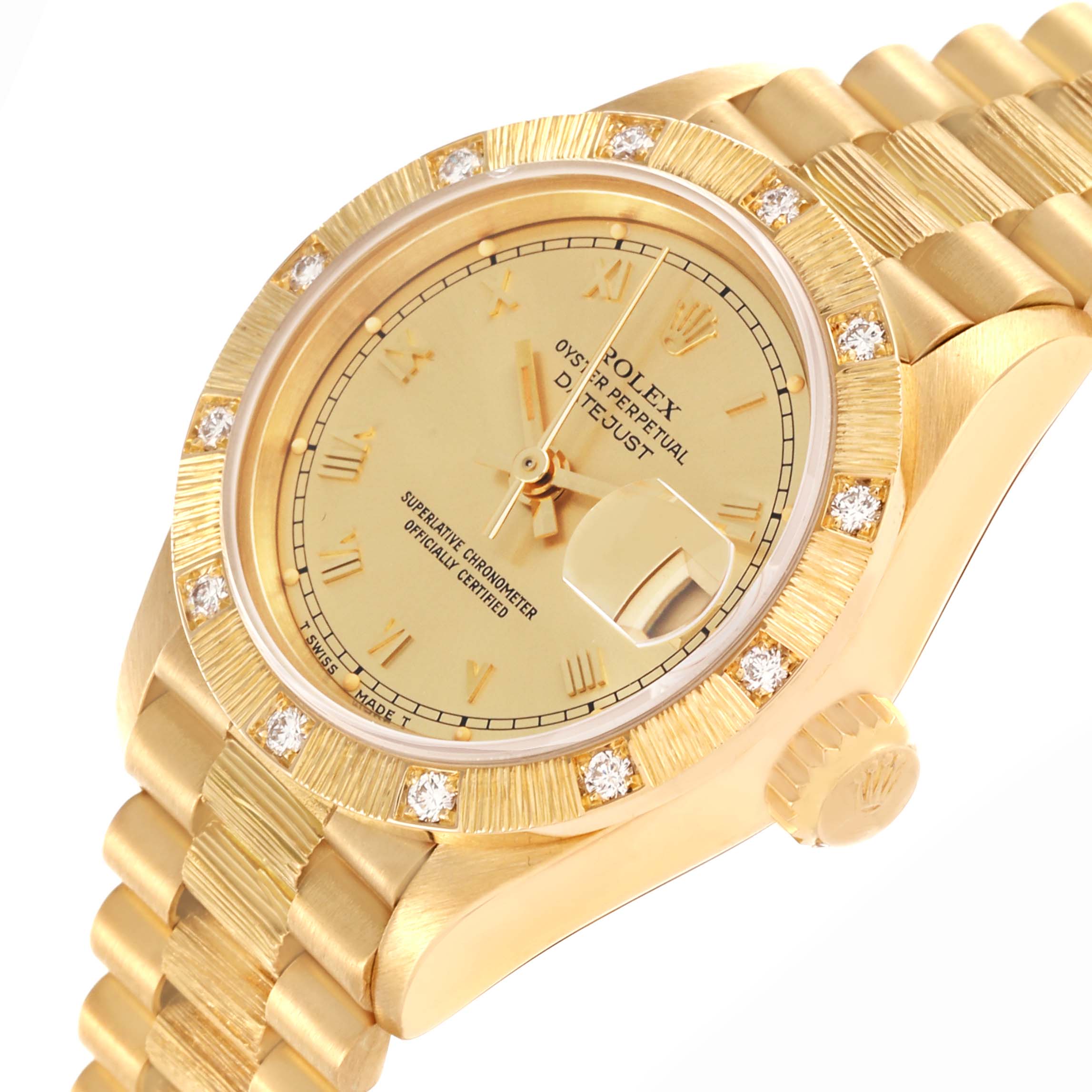 The Rolex President 69288 Women's Yellow Gold Champagne Dial 69288 Women's Yellow Gold Champagne Dial model is shown at an angled view highlighting the bezel, dial, and bracelet.