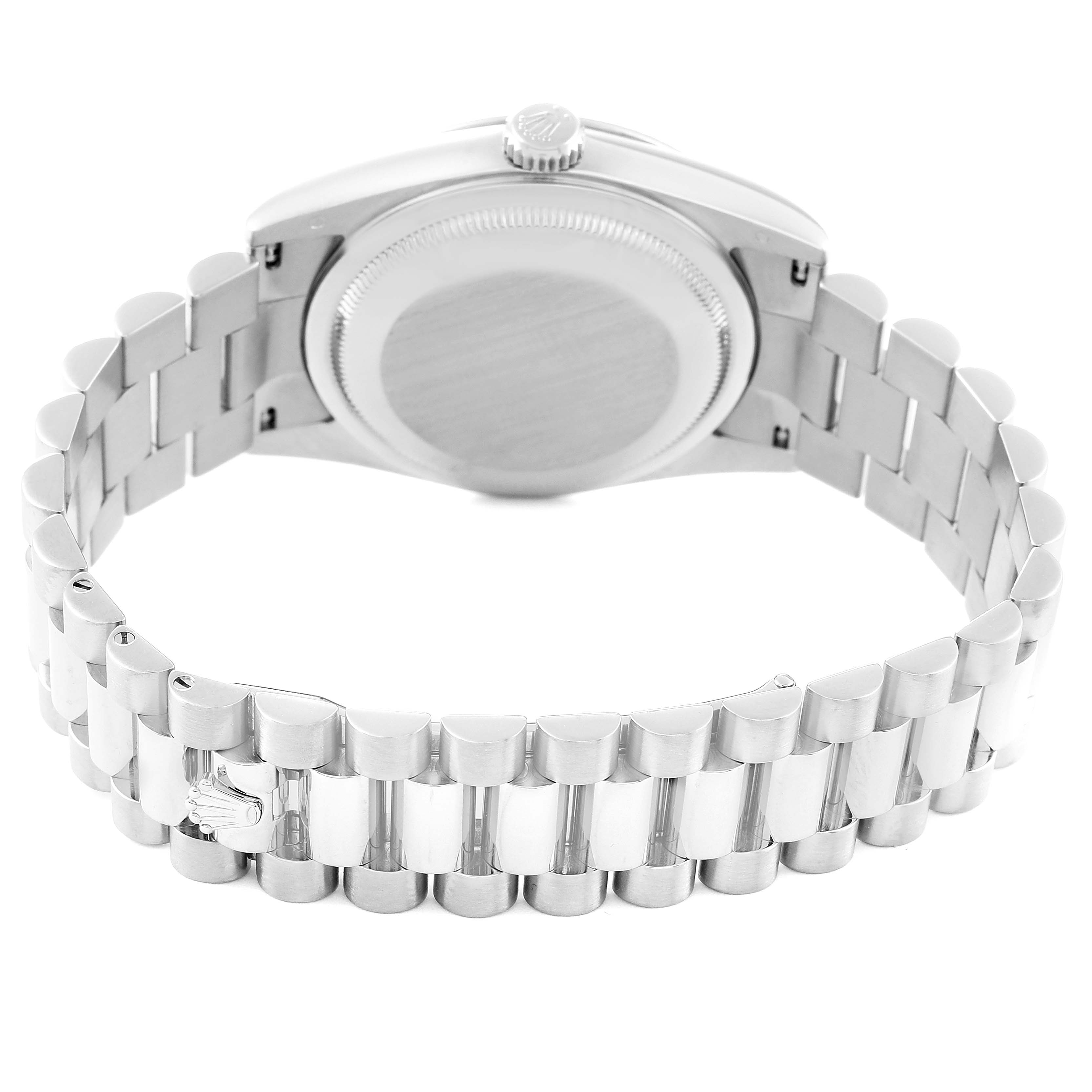 The image shows the back case and bracelet of a Rolex President 118239 Men's White Gold Silver Dial 118239 Men's White Gold Silver Dial model watch from a rear angle.