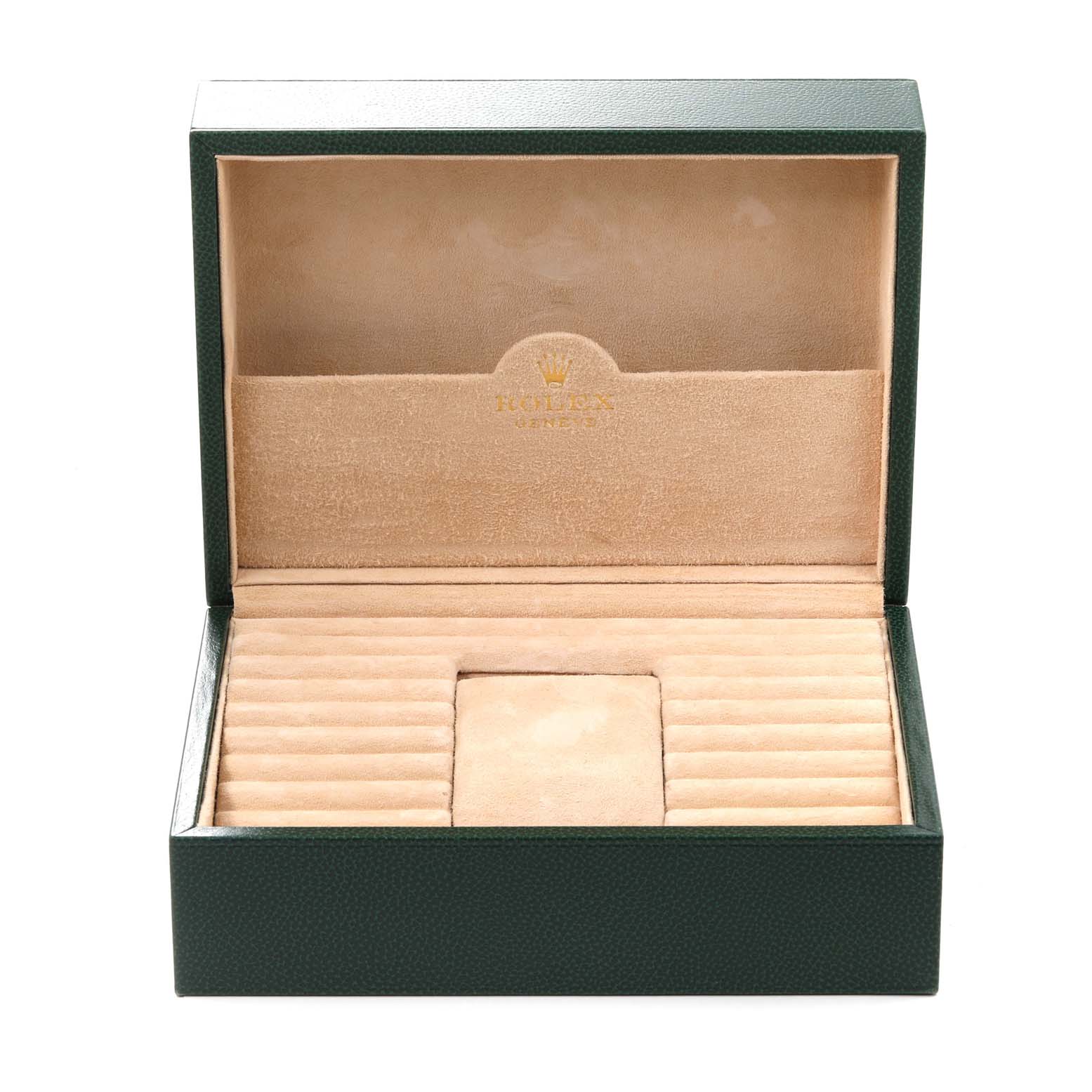 This image shows an open green Rolex President 118239 Men's White Gold Silver Dial 118239 Men's White Gold Silver Dial model watch box with a beige interior.
