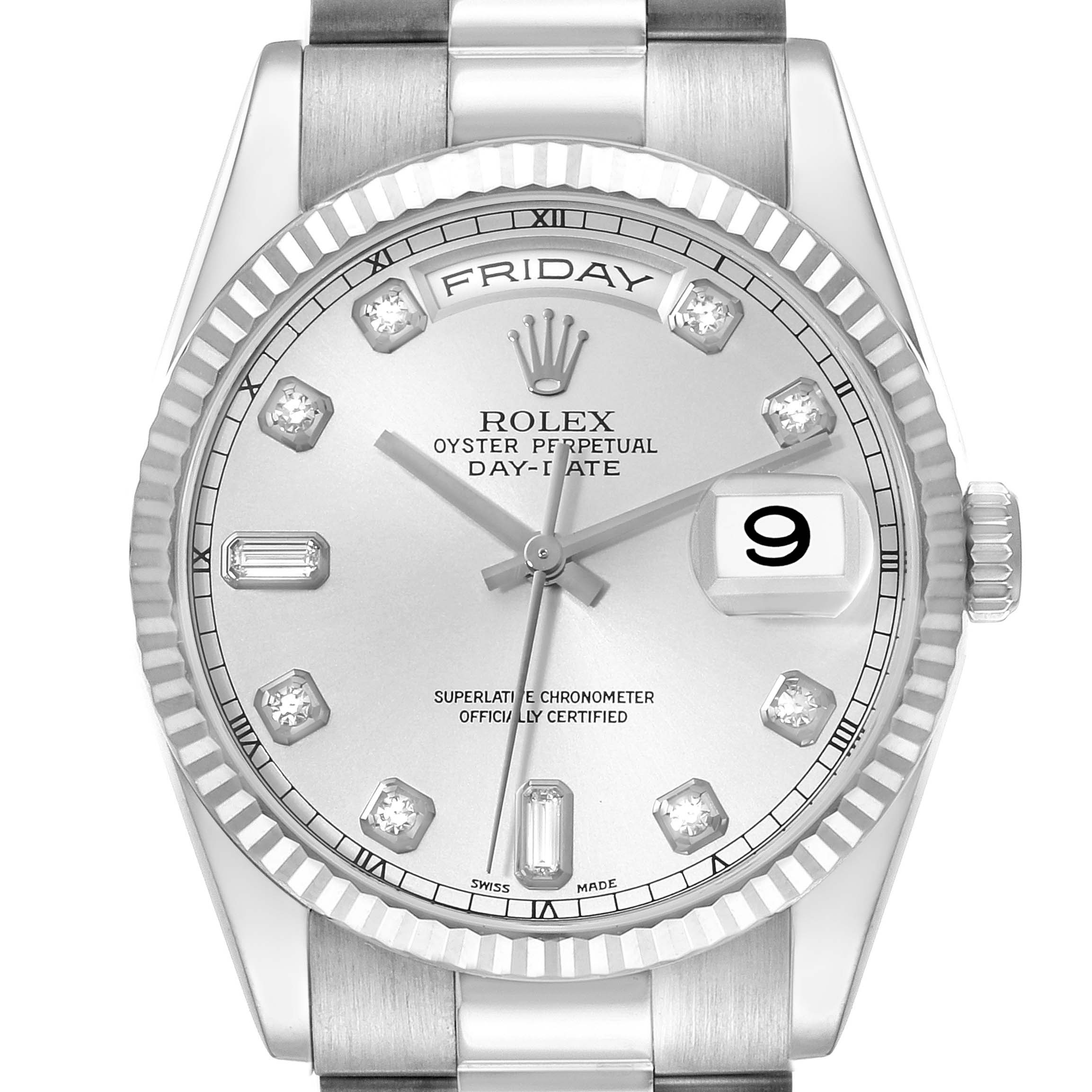 This image shows a front view of the Rolex President 118239 Men's White Gold Silver Dial 118239 Men's White Gold Silver Dial Day-Date watch, highlighting the dial, hands, date, and day displays.