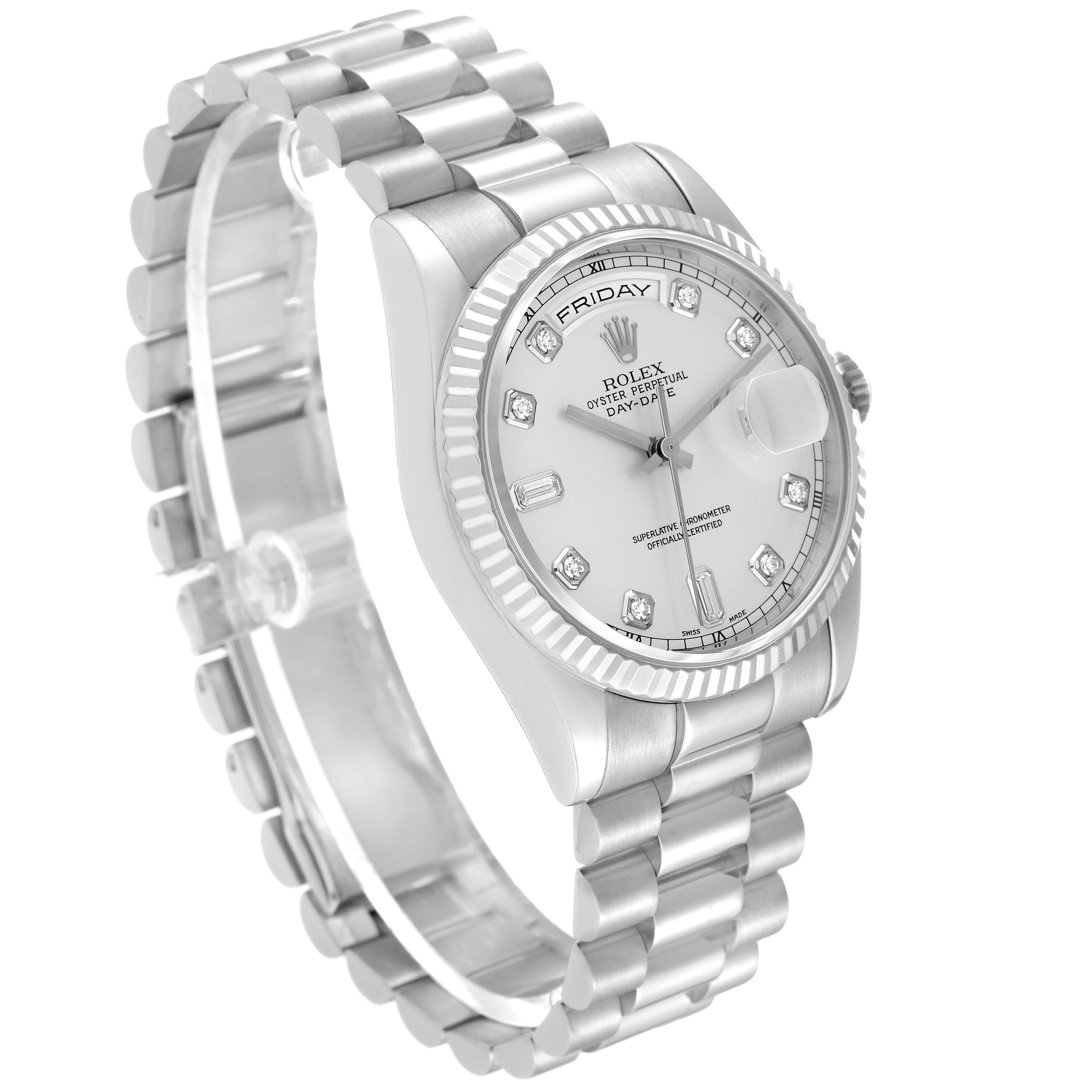 The Rolex President 118239 Men's White Gold Silver Dial 118239 Men's White Gold Silver Dial model watch is shown at a three-quarter angle, showcasing its bracelet and face clearly.