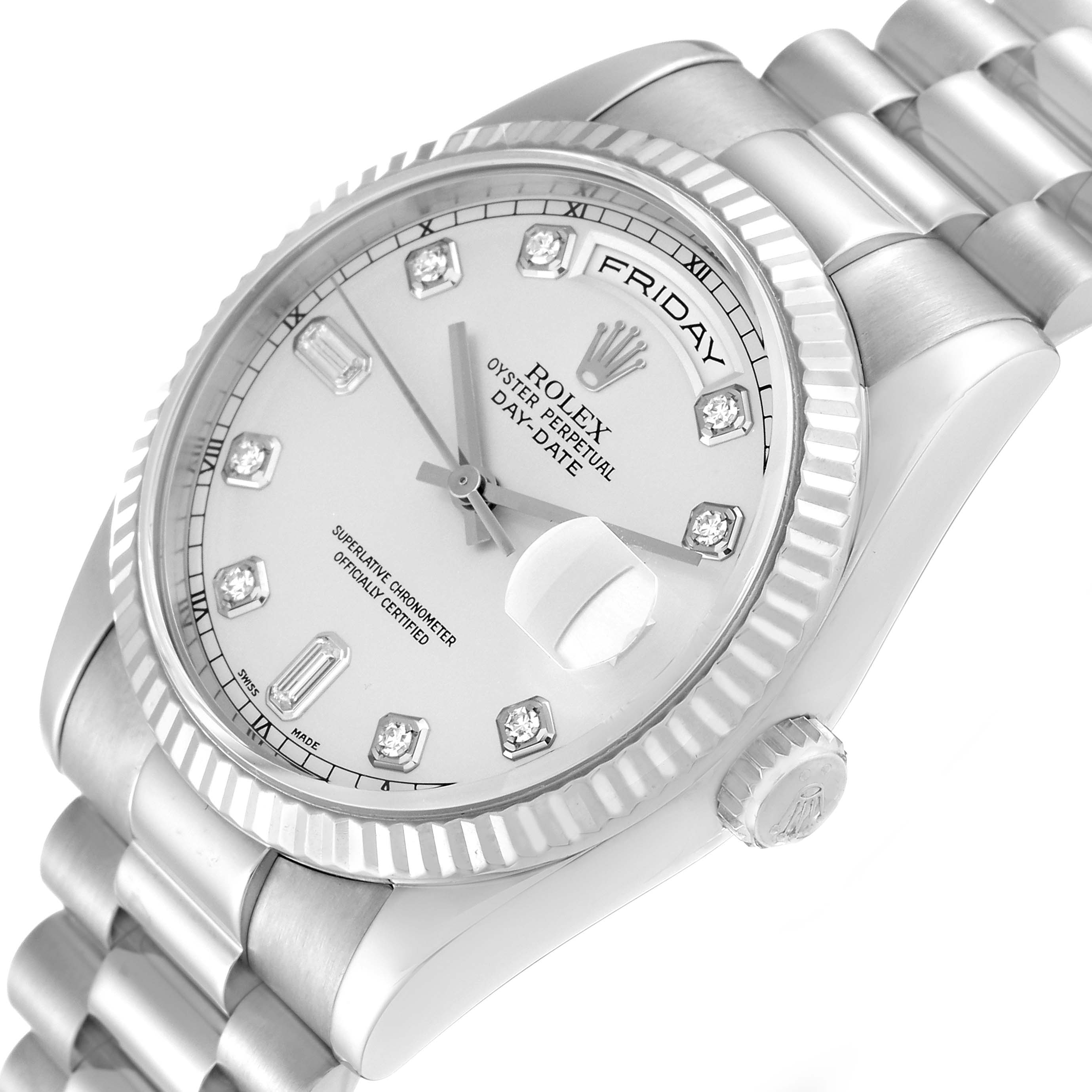 The Rolex President 118239 Men's White Gold Silver Dial 118239 Men's White Gold Silver Dial model watch is shown at an angled close-up, highlighting the dial, bezel, and part of the bracelet.