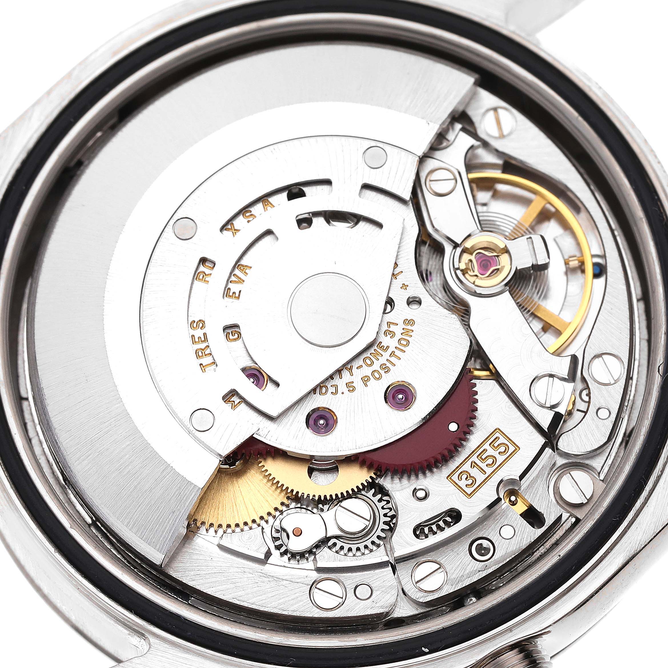 The image shows the internal mechanism of a Rolex President 118239 Men's White Gold Silver Dial 118239 Men's White Gold Silver Dial model watch, viewed from the back.