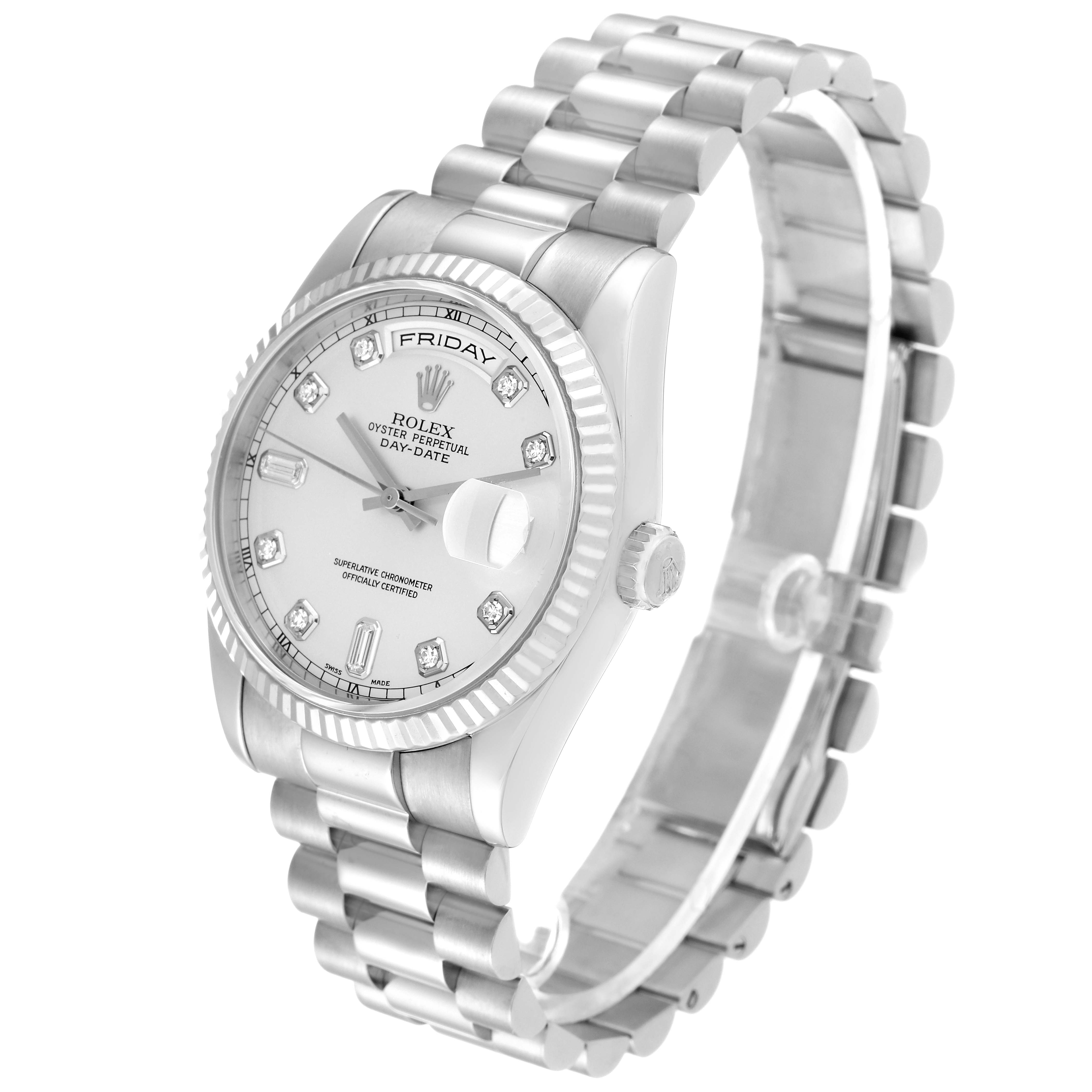 The image shows a Rolex President 118239 Men's White Gold Silver Dial 118239 Men's White Gold Silver Dial watch at a three-quarter angle, highlighting its face, bezel, crown, and bracelet.