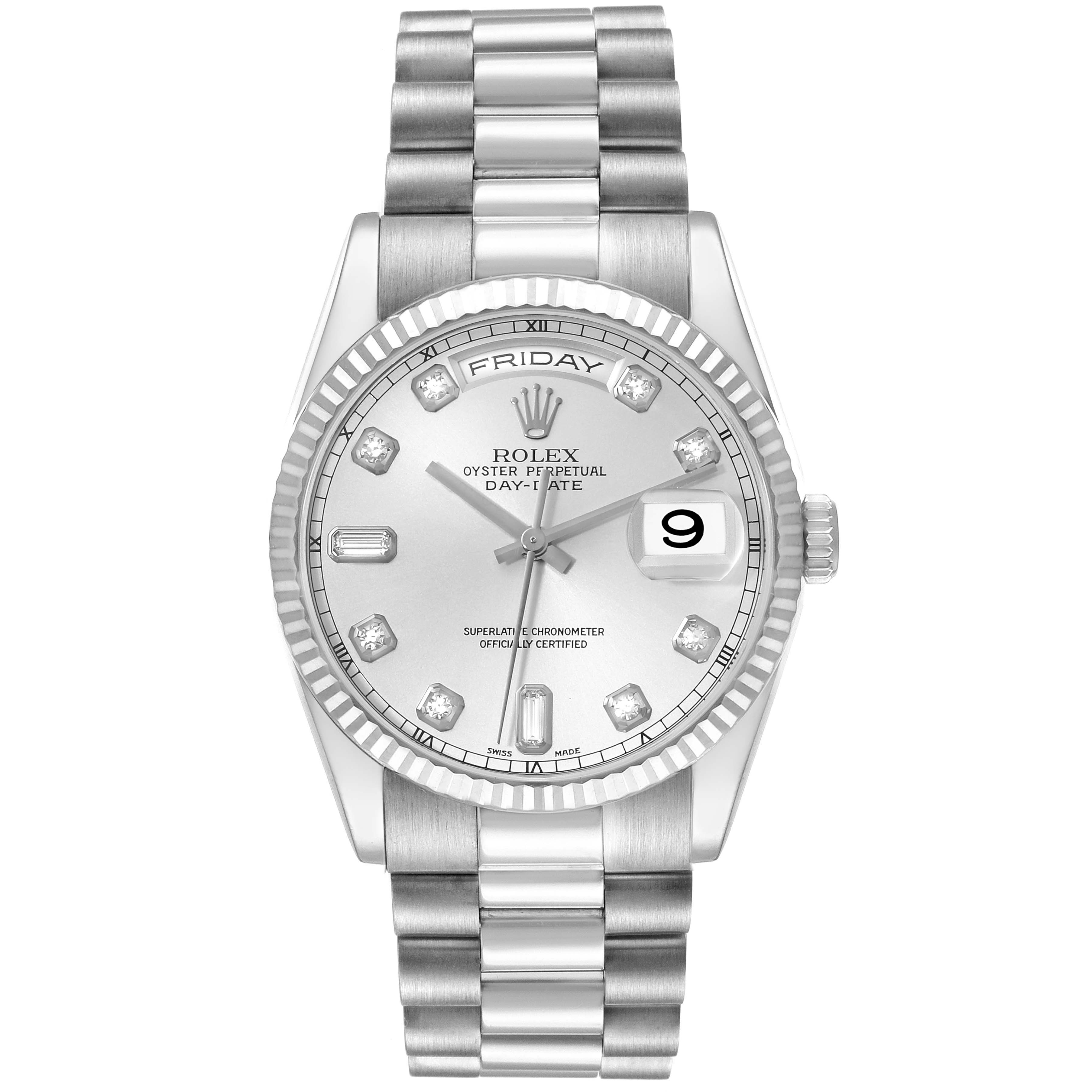 The image shows a Rolex President 118239 Men's White Gold Silver Dial 118239 Men's White Gold Silver Dial model from a frontal angle, showcasing the dial, bezel, bracelet, and crown.