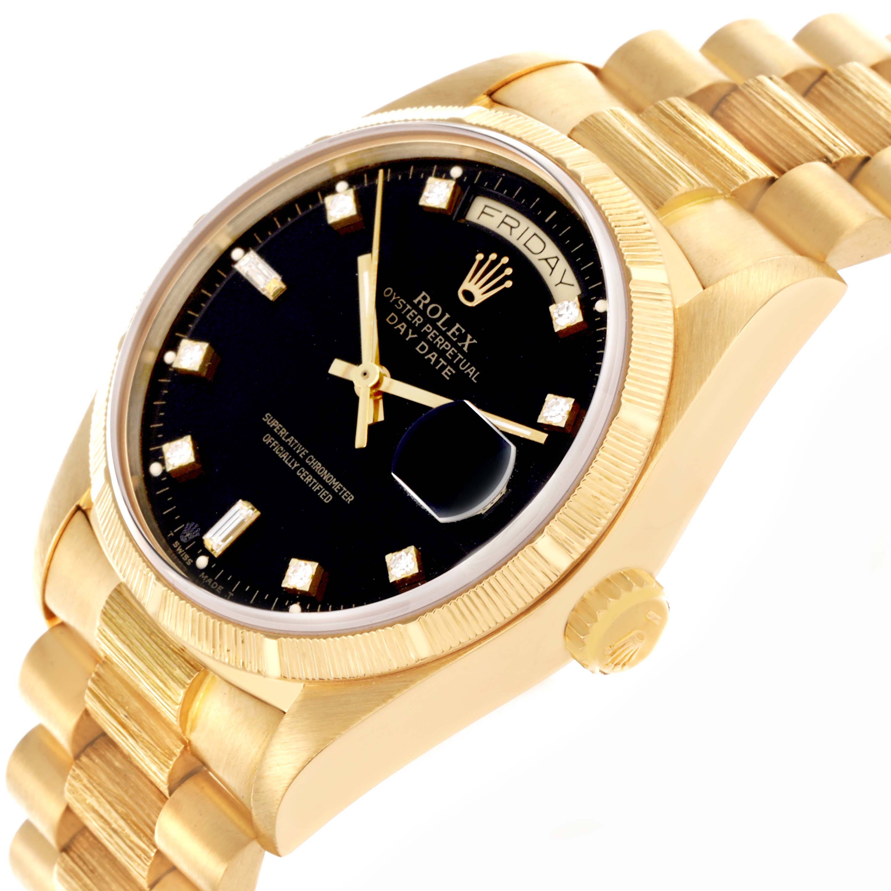 The Rolex President 18078 Men's Yellow Gold Black Dial 18078 Men's Yellow Gold Black Dial model watch is shown at an angled side view, highlighting its dial, bezel, and bracelet.