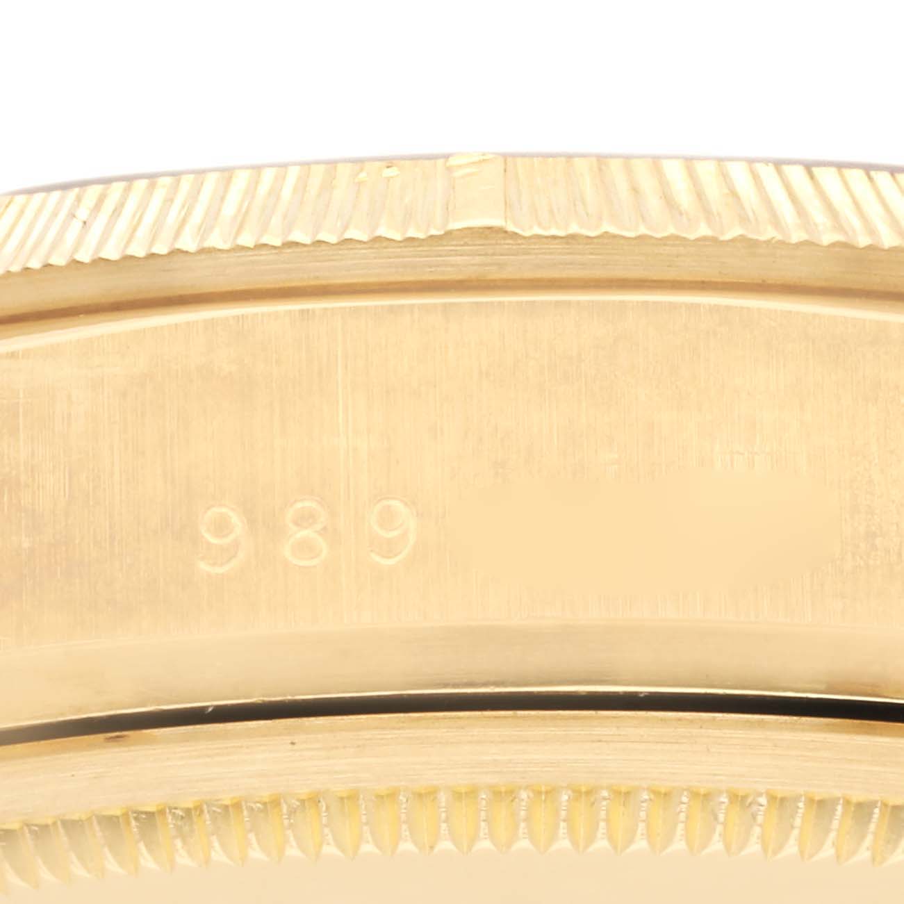 The image shows a close-up of the bezel and case edge of a Rolex President 18078 Men's Yellow Gold Black Dial 18078 Men's Yellow Gold Black Dial model watch.