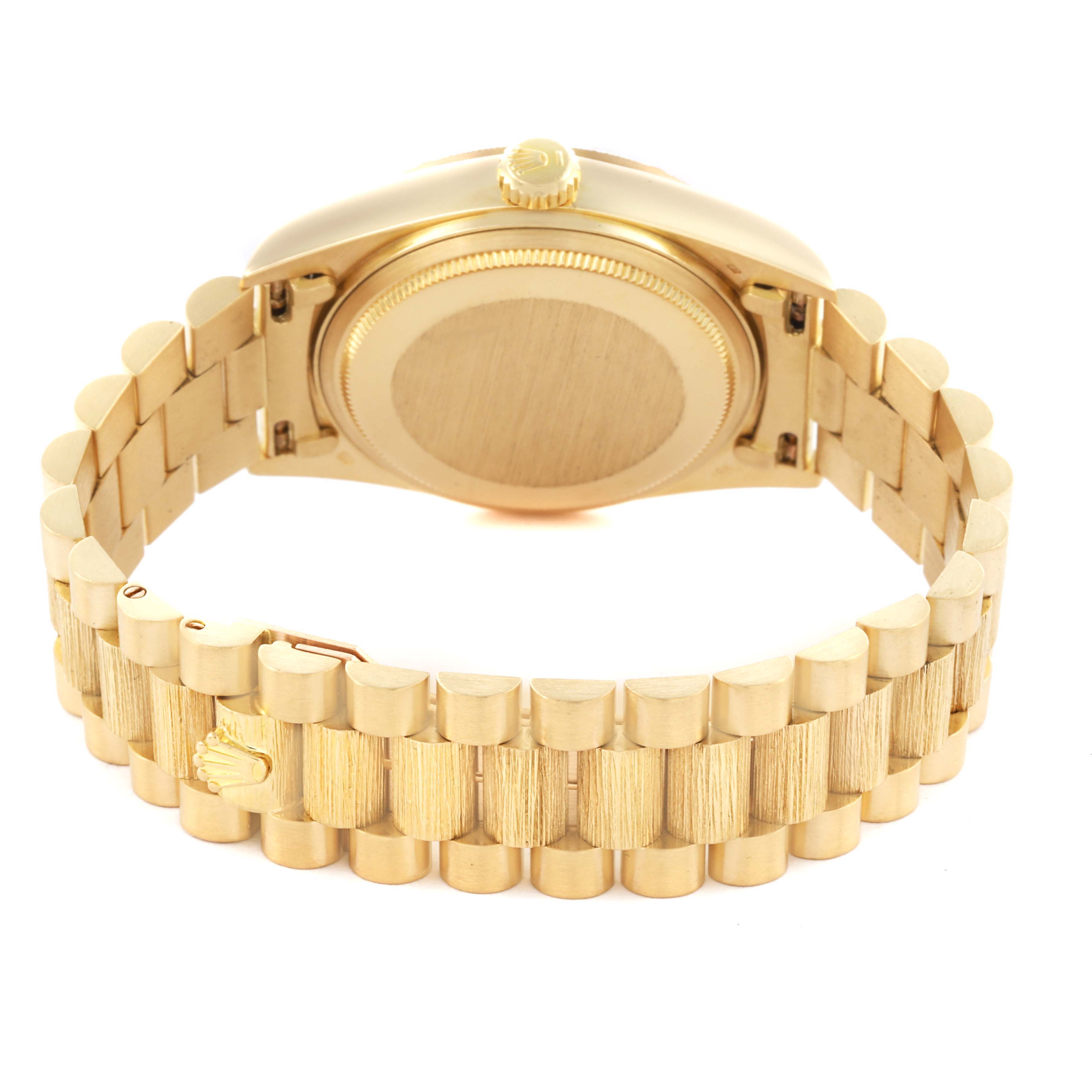 The image shows the back and side view of a gold Rolex President 18078 Men's Yellow Gold Black Dial 18078 Men's Yellow Gold Black Dial model, highlighting the bracelet and case back.