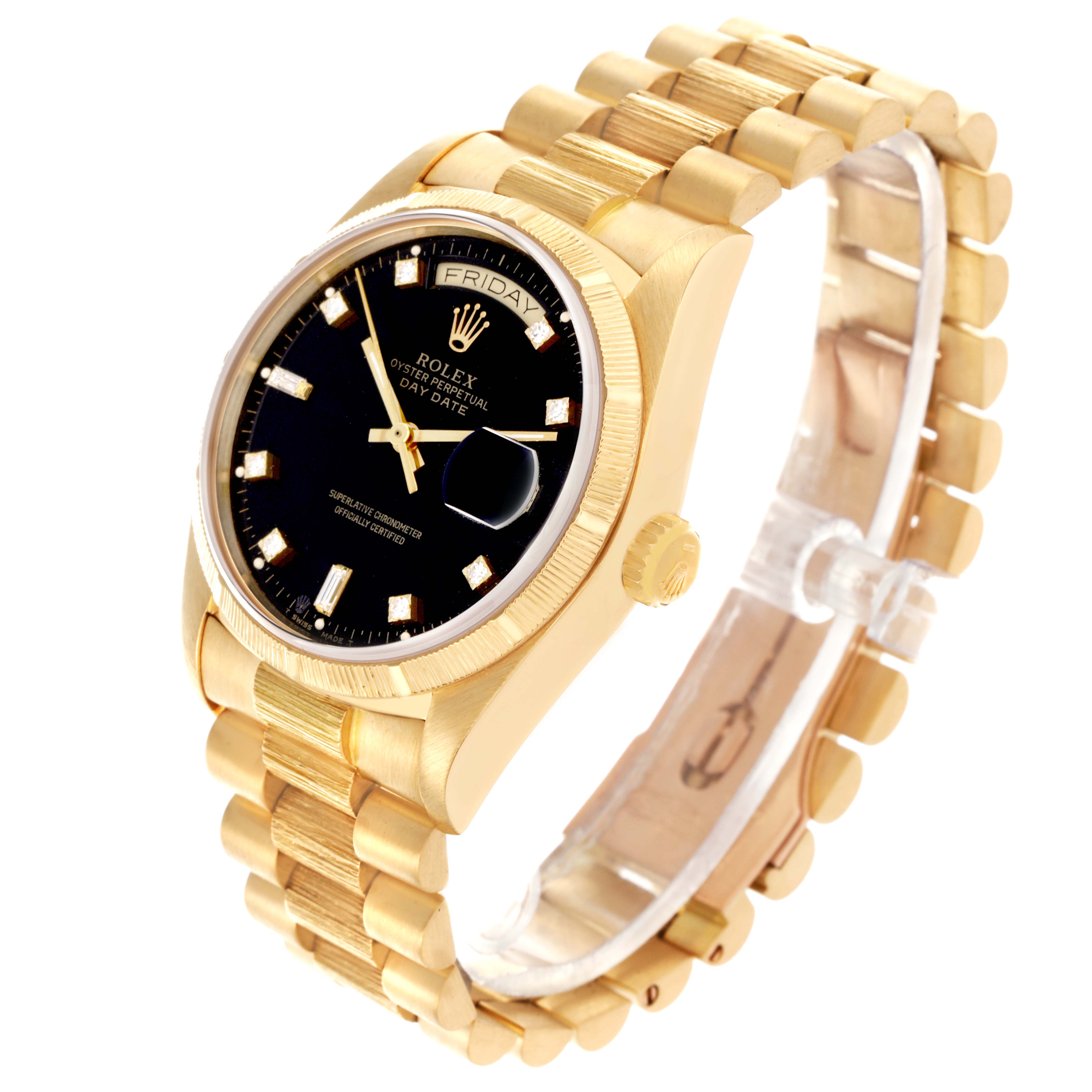 The Rolex President 18078 Men's Yellow Gold Black Dial 18078 Men's Yellow Gold Black Dial watch is shown at a three-quarter angle, highlighting the bracelet, dial, bezel, and crown.