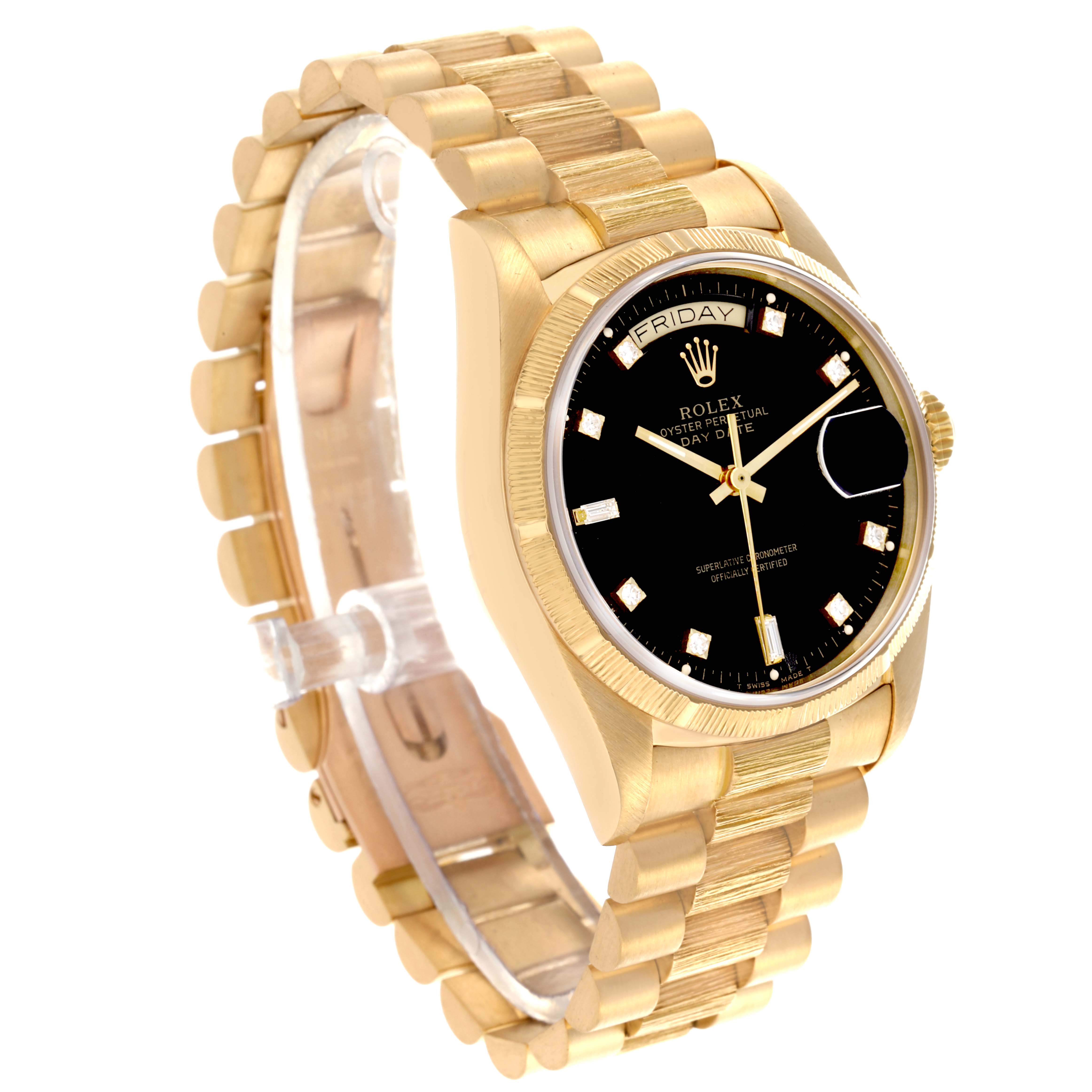 The image shows a side angle of the Rolex President 18078 Men's Yellow Gold Black Dial 18078 Men's Yellow Gold Black Dial watch, highlighting the gold case, bracelet, and black dial.