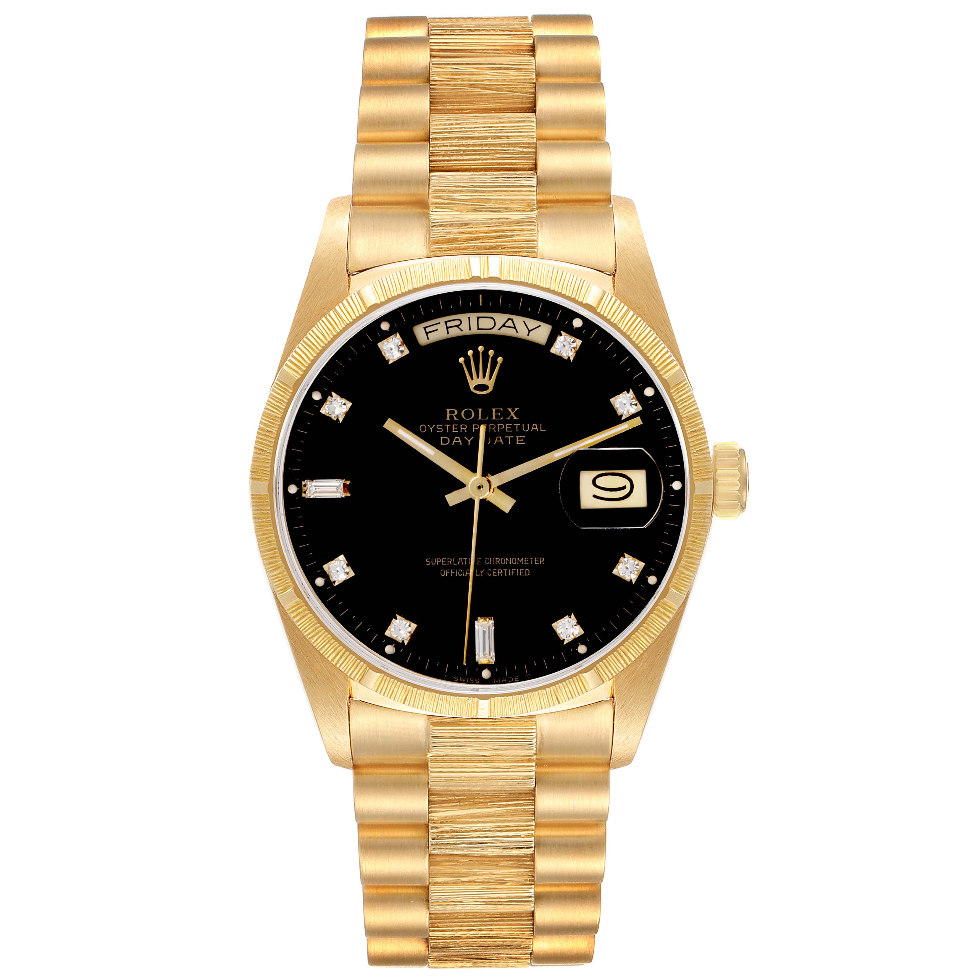 The Rolex President 18078 Men's Yellow Gold Black Dial 18078 Men's Yellow Gold Black Dial model watch is shown from a front angle, displaying the dial, bezel, day-date feature, and bracelet.
