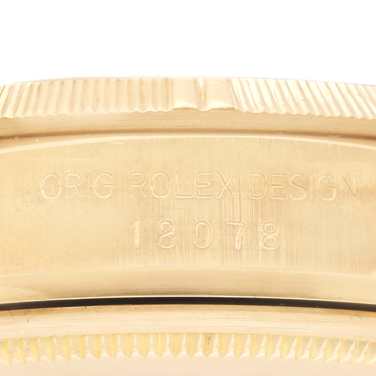 The image shows a close-up of the case side for the Rolex President 18078 Men's Yellow Gold Black Dial 18078 Men's Yellow Gold Black Dial model, displaying the model number "18078."