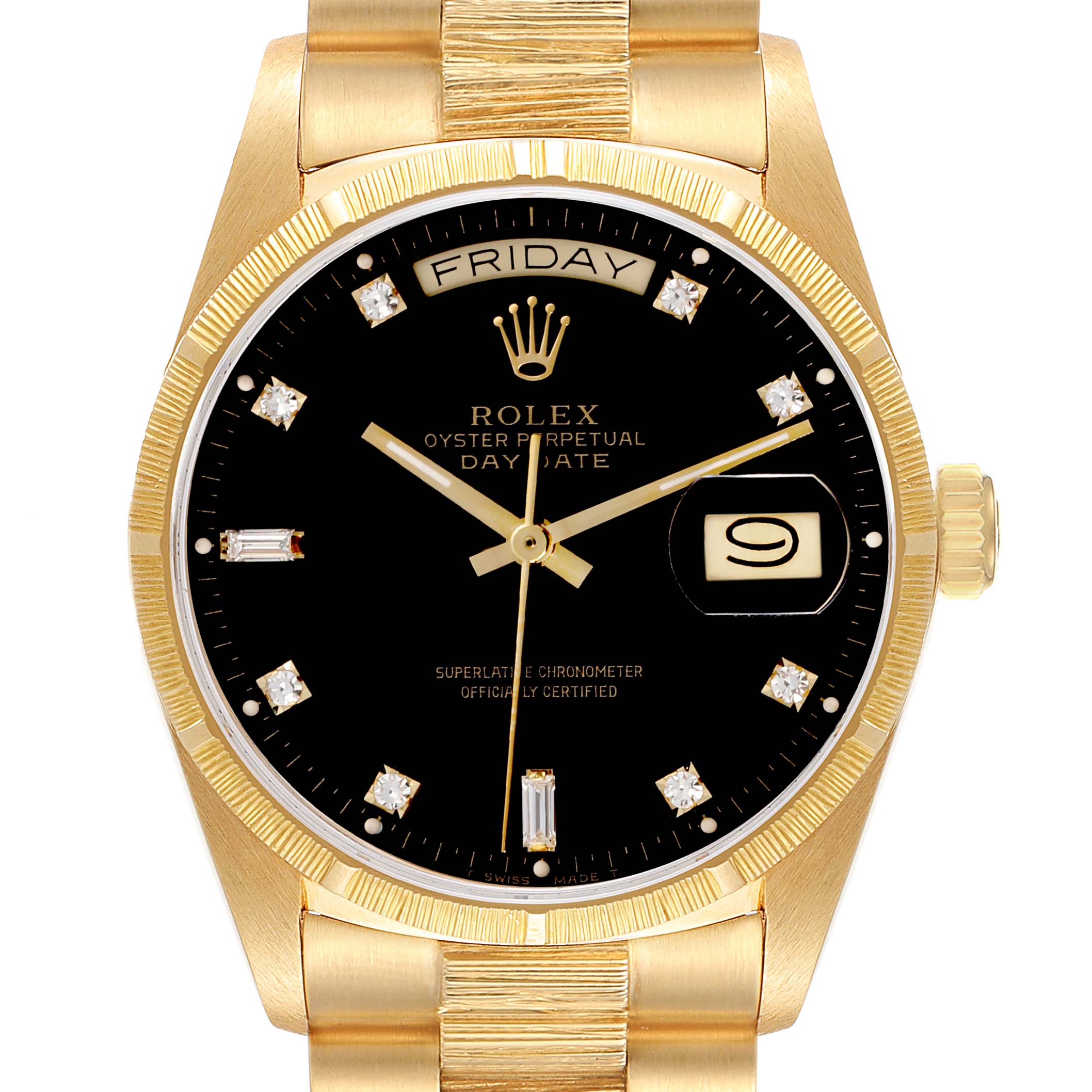 The Rolex President 18078 Men's Yellow Gold Black Dial 18078 Men's Yellow Gold Black Dial model watch is shown from the front, displaying the dial, date window, and bracelet links.
