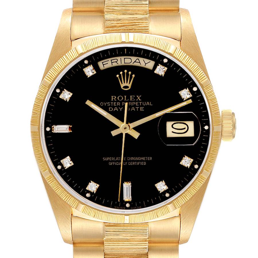 The Rolex President model watch is shown from the front, displaying the dial, date window, and bracelet links.