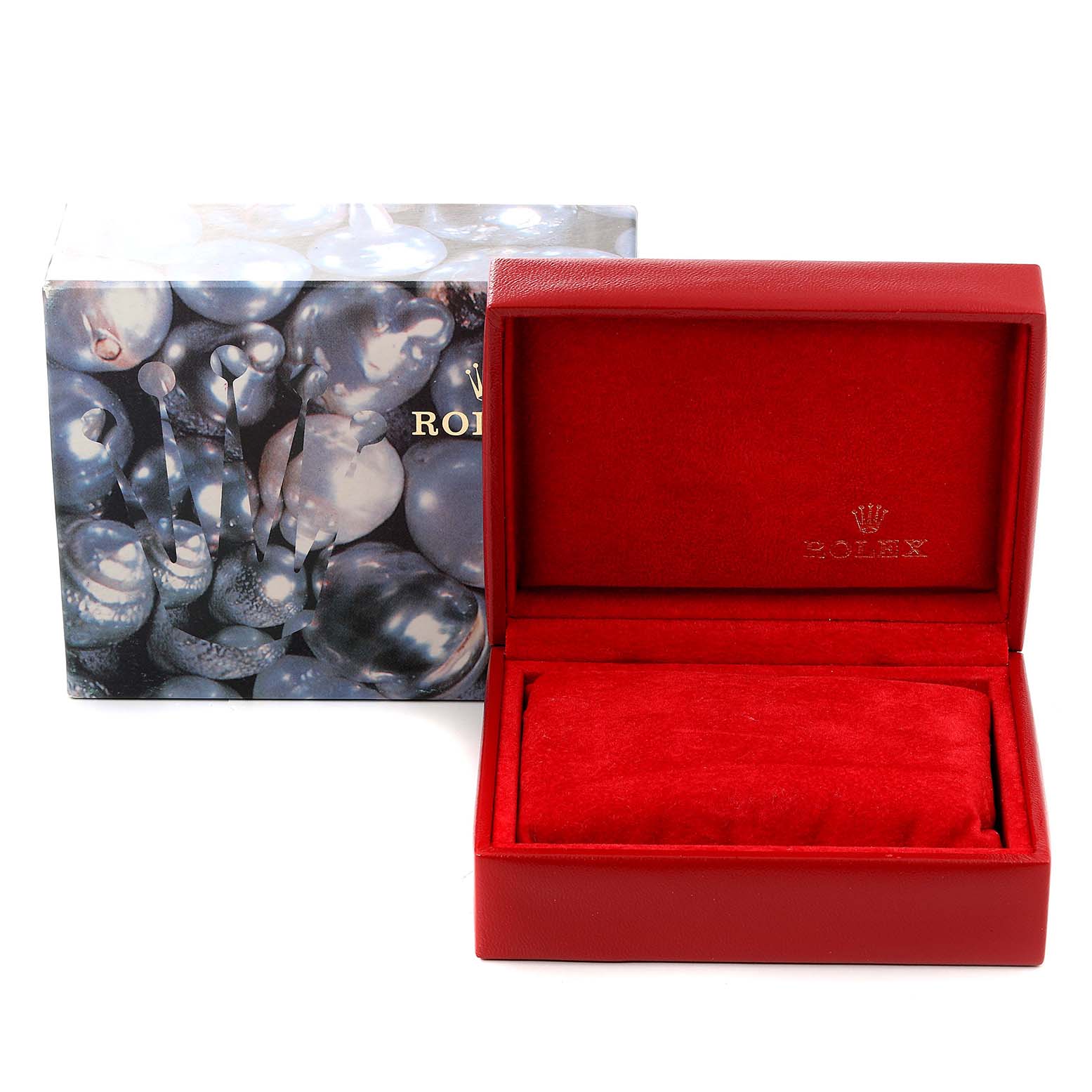 The image shows the packaging for the Rolex President 79179 Women's White Gold Silver Dial 79179 Women's White Gold Silver Dial model with a decorative box and an open red velvet watch case.