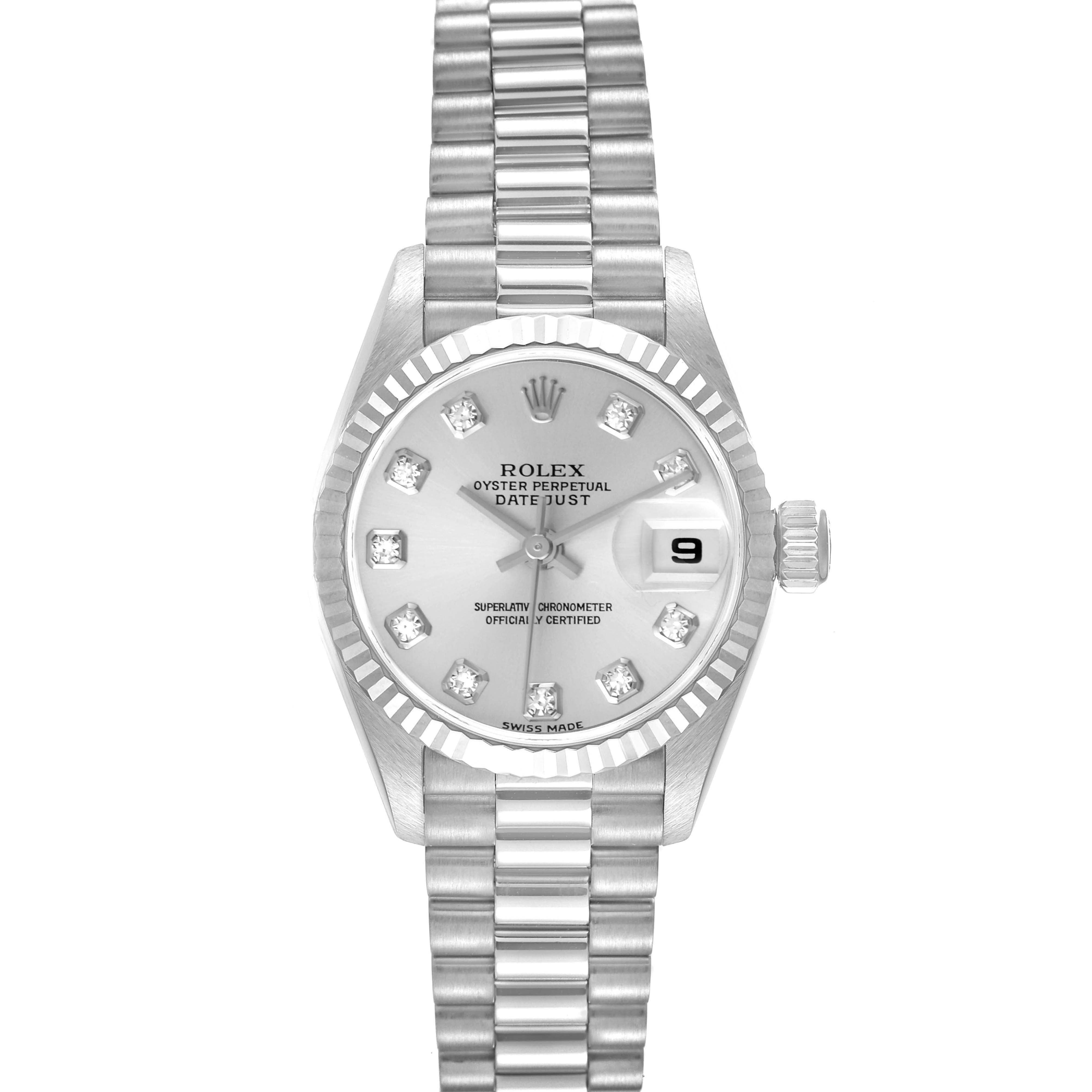 The image shows a front view of a Rolex President 79179 Women's White Gold Silver Dial 79179 Women's White Gold Silver Dial model watch, highlighting the dial, bezel, bracelet, and date window.