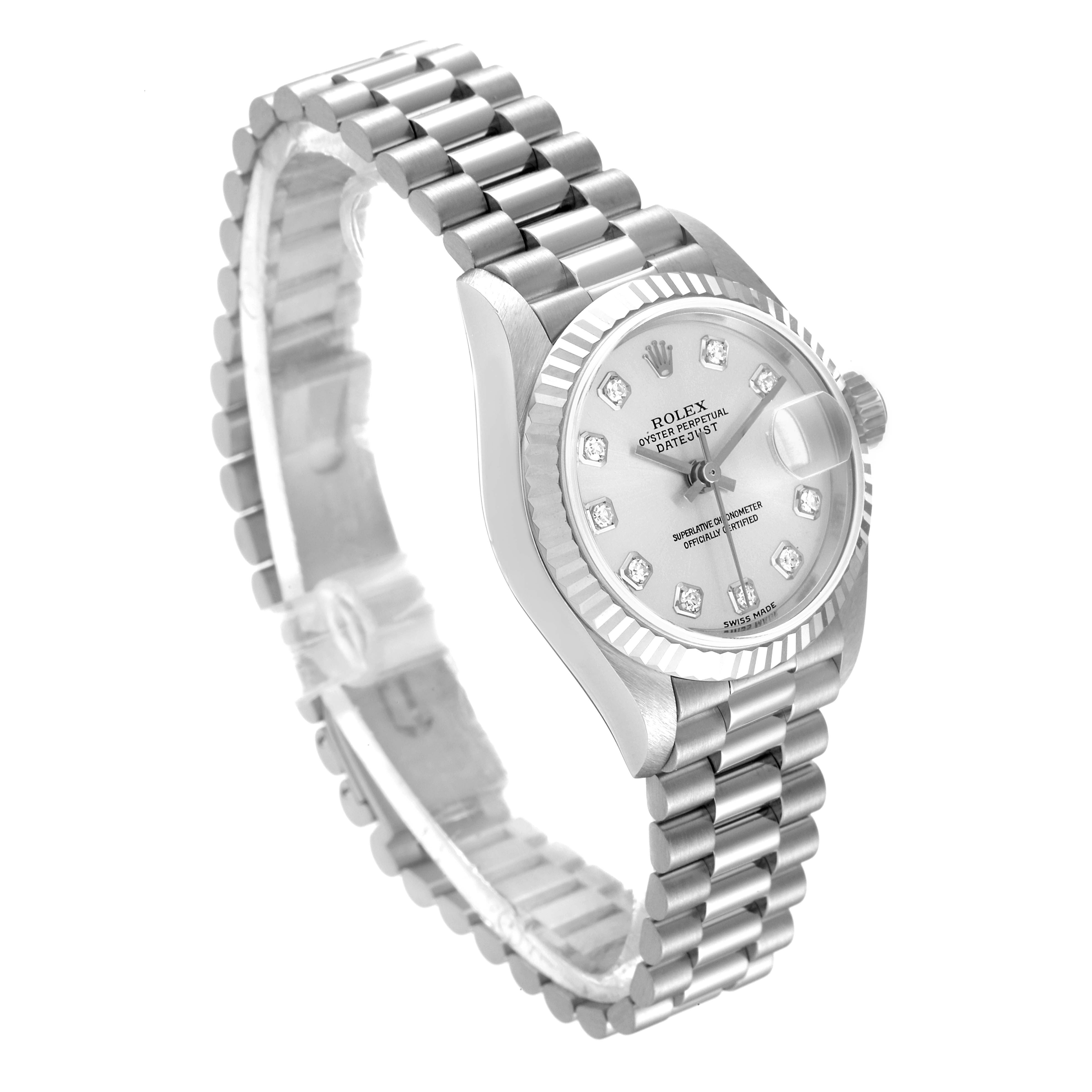 The image shows a Rolex President 79179 Women's White Gold Silver Dial 79179 Women's White Gold Silver Dial model watch at a 3/4 angle, highlighting the watch face, bezel, and bracelet.