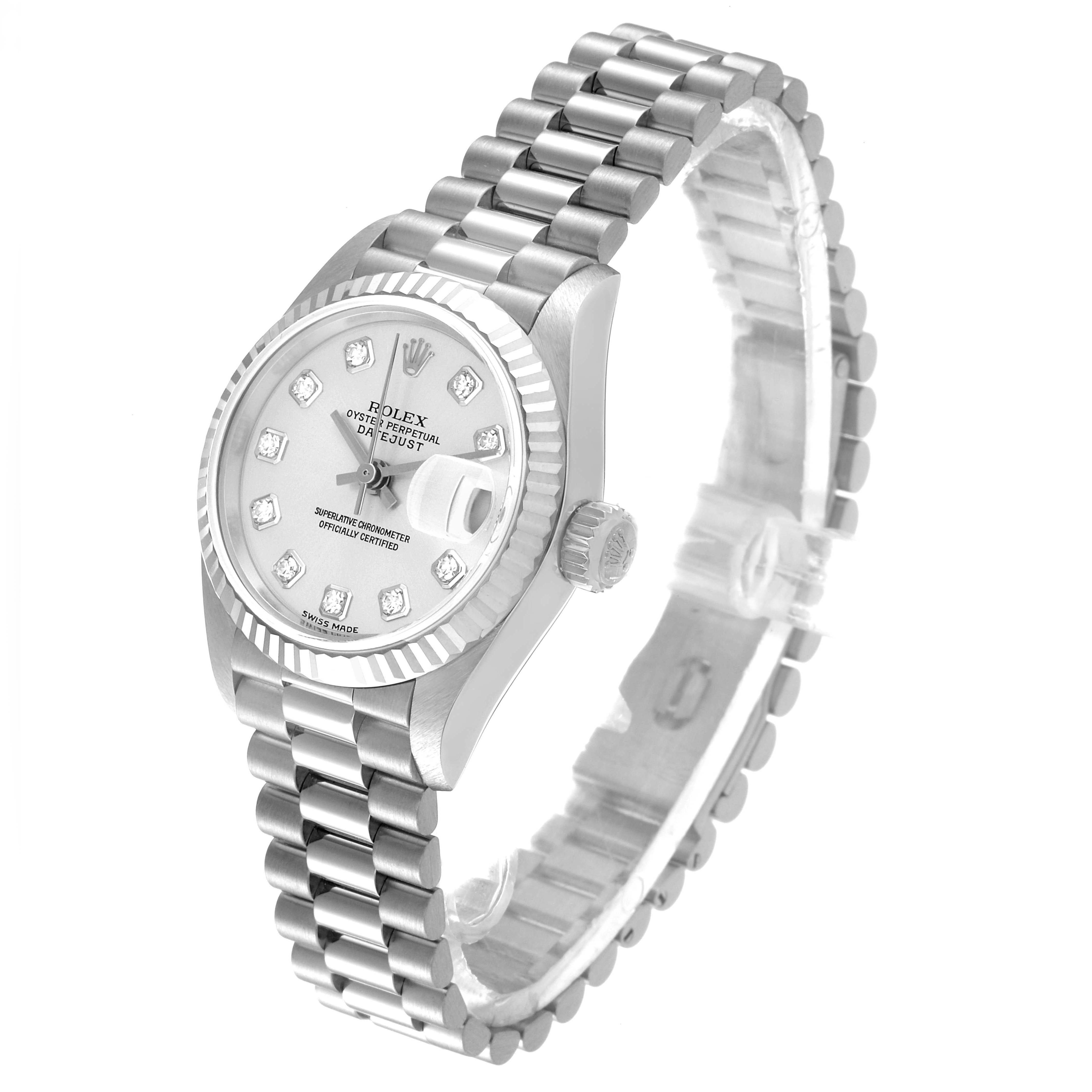 The Rolex President 79179 Women's White Gold Silver Dial 79179 Women's White Gold Silver Dial model watch is shown at a slight angle highlighting the bracelet, case, dial, and crown.