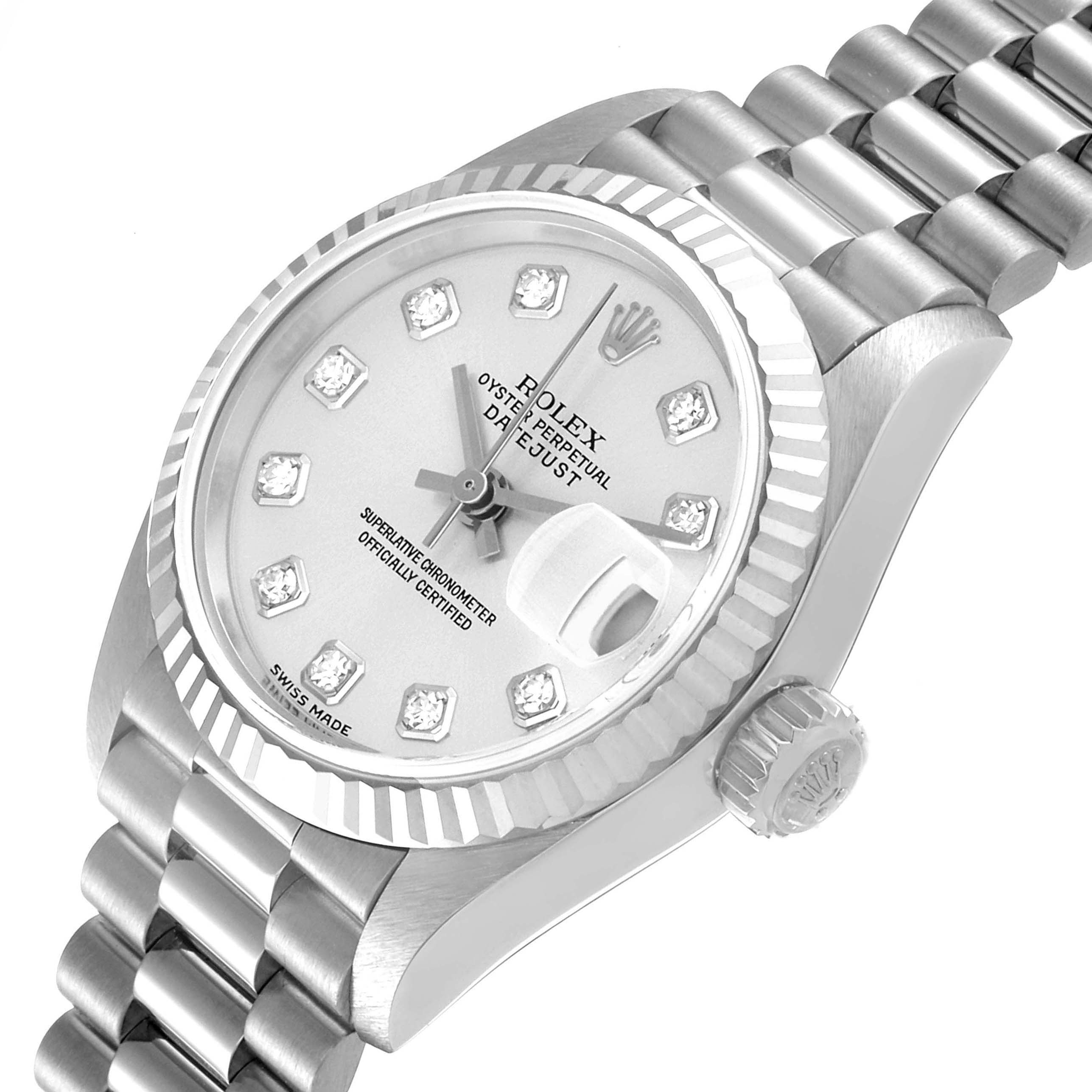 The Rolex President 79179 Women's White Gold Silver Dial 79179 Women's White Gold Silver Dial watch is shown at an angled close-up, highlighting the dial, bezel, crown, and part of the bracelet.