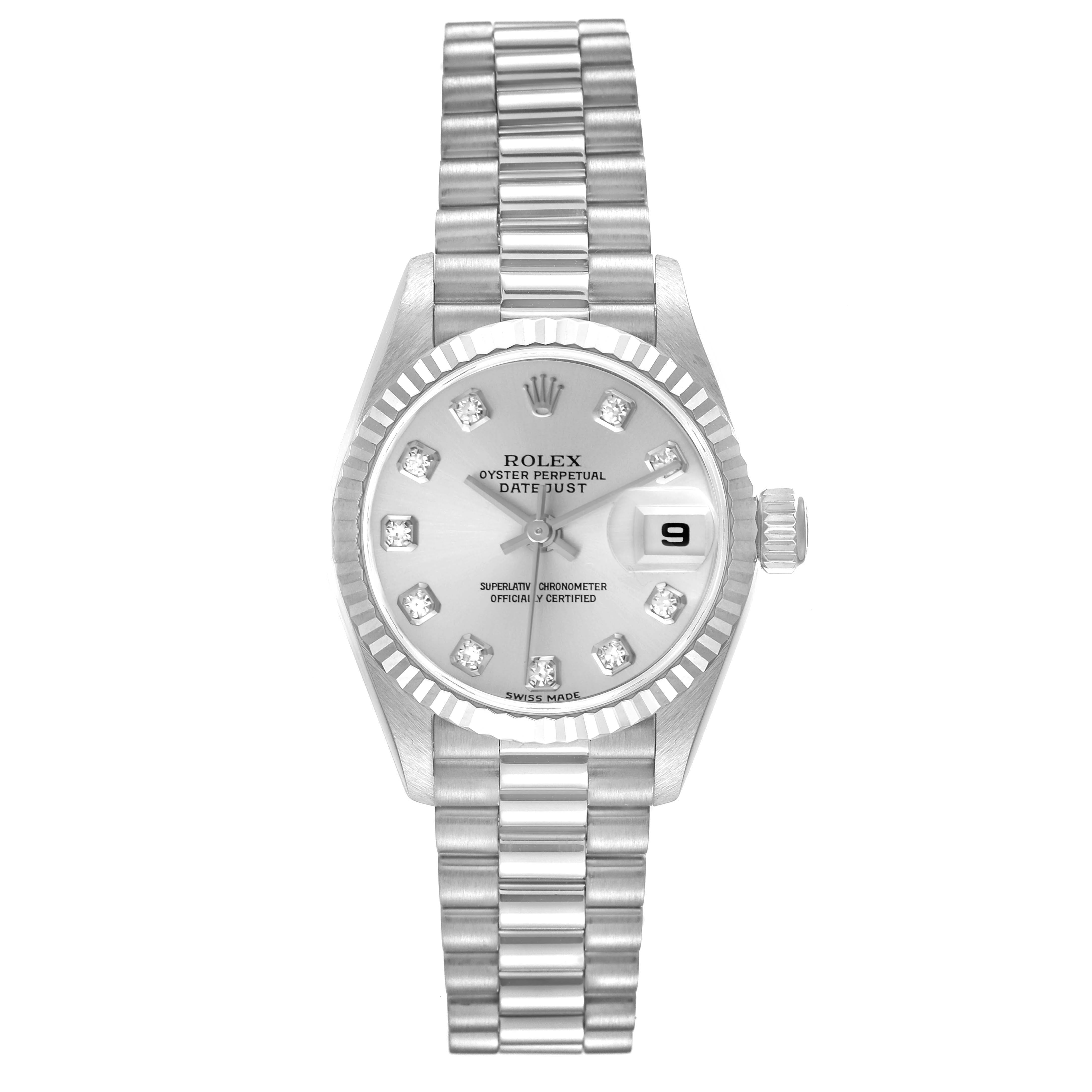The image shows a front view of the Rolex President 79179 Women's White Gold Silver Dial 79179 Women's White Gold Silver Dial model watch featuring its face, bezel, and bracelet.