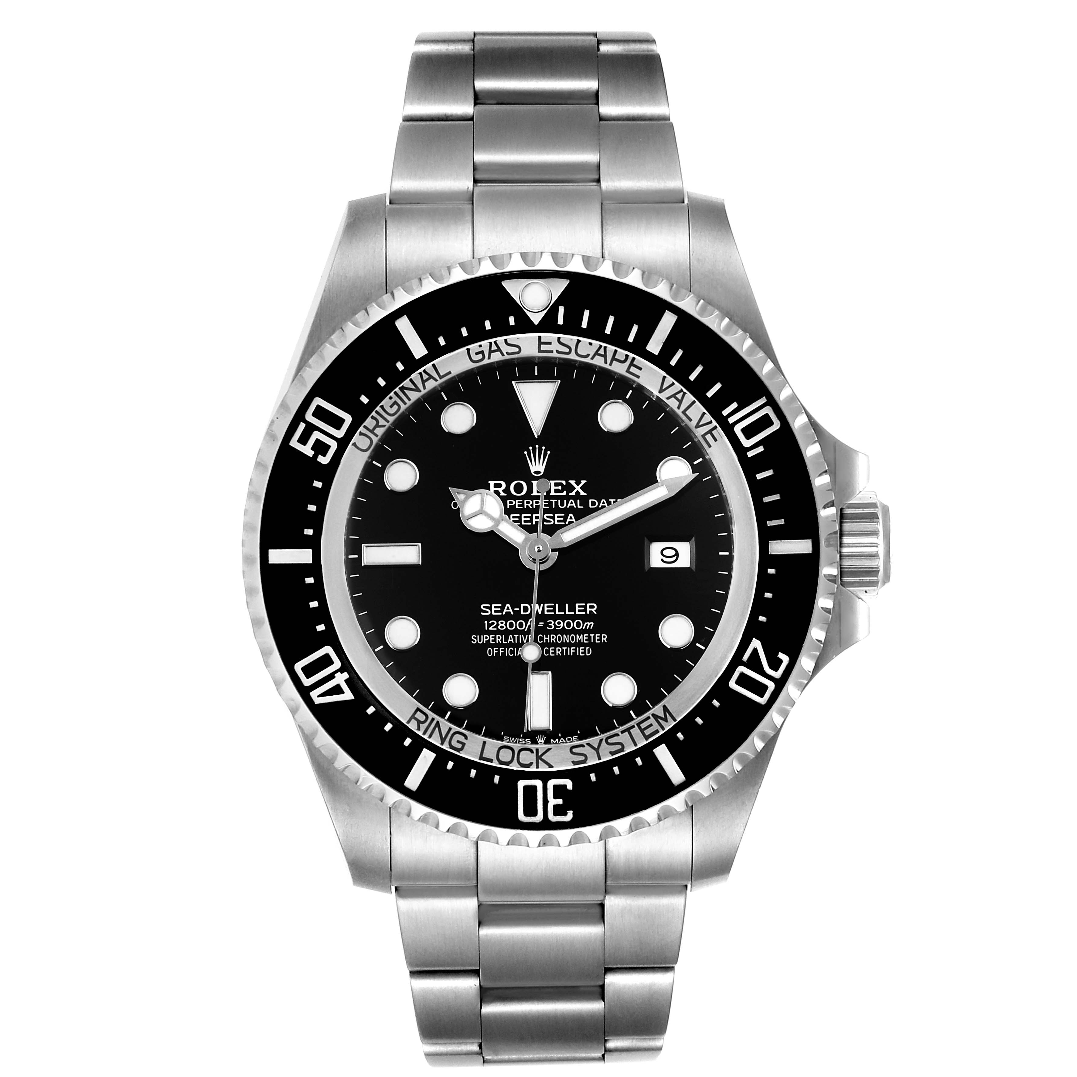 The image shows a front view of the Rolex Sea-Dweller 126660 Men
s Stainless Steel Black Dial 126660 Men
s Stainless Steel Black Dial watch, highlighting its dial, bezel, and bracelet.